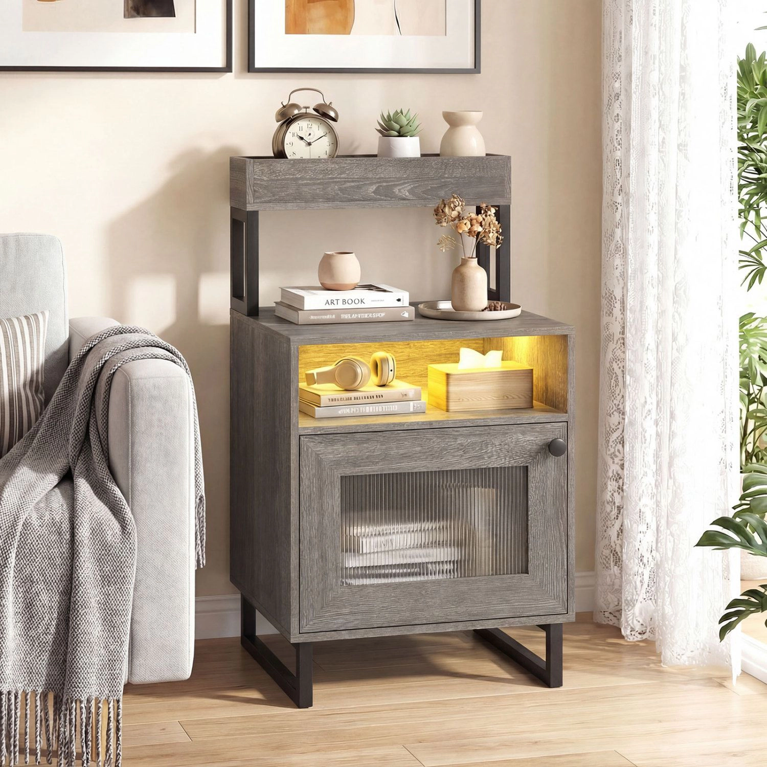 SlickBlue Modern LED Side Table with 4-Tier Storage Cabinet