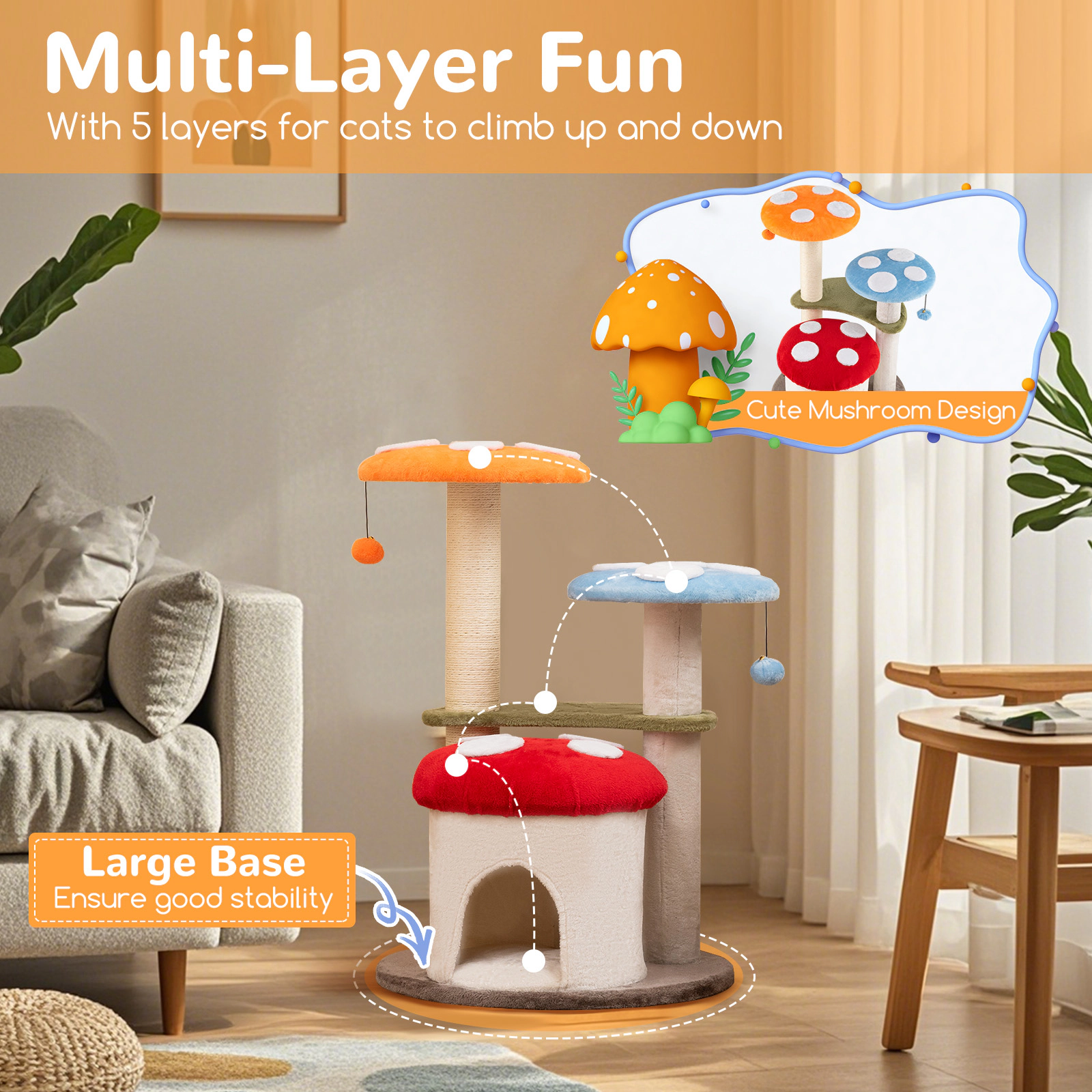 Glintex 35-Inch Mushroom Cat Tower with Cat Condo and 3 Padded Platforms, Clear