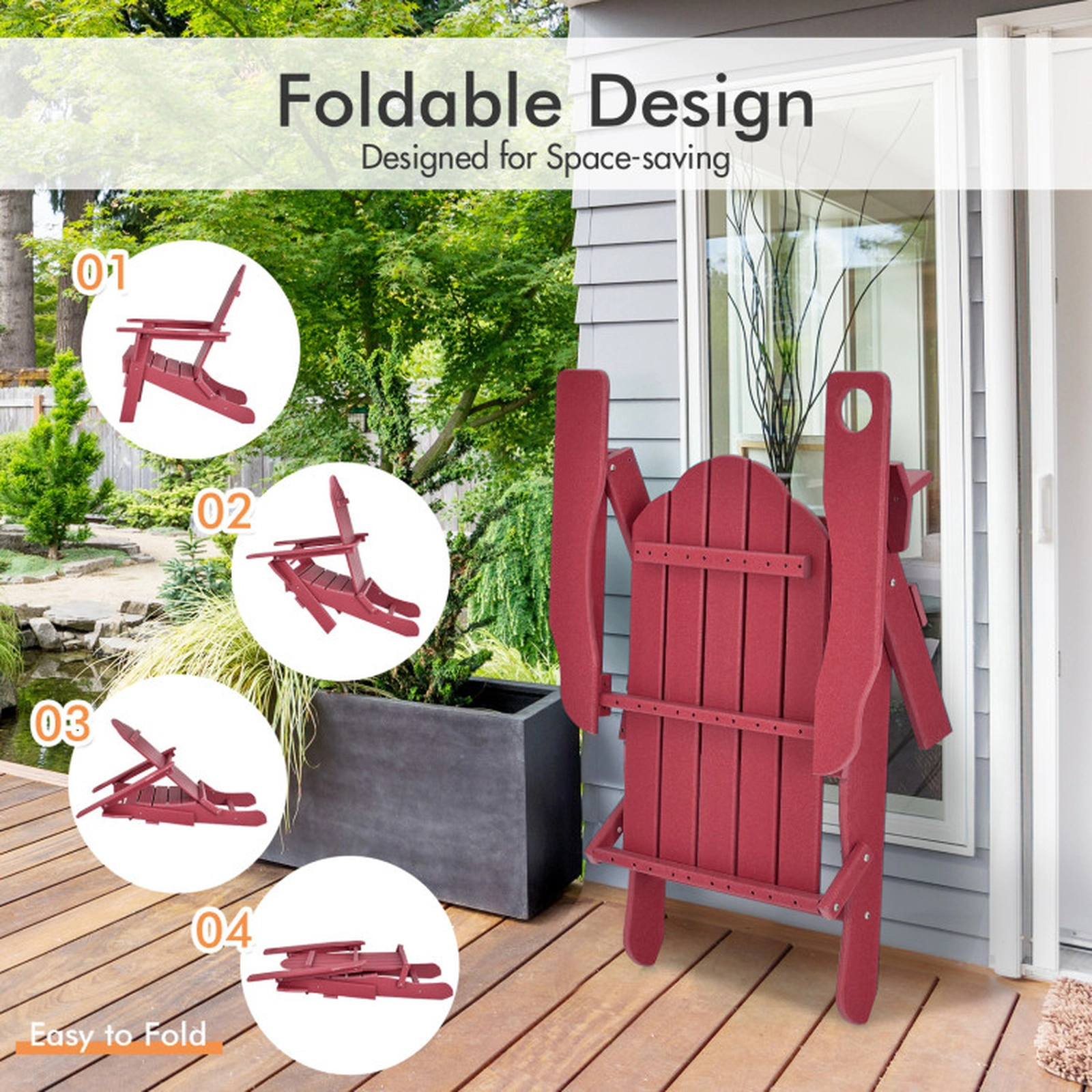 SUGIFT 330-lb Capacity Red Fade Resistant PE Folding Adirondack Chair with Built-in Cup Holder and Oversized Seat