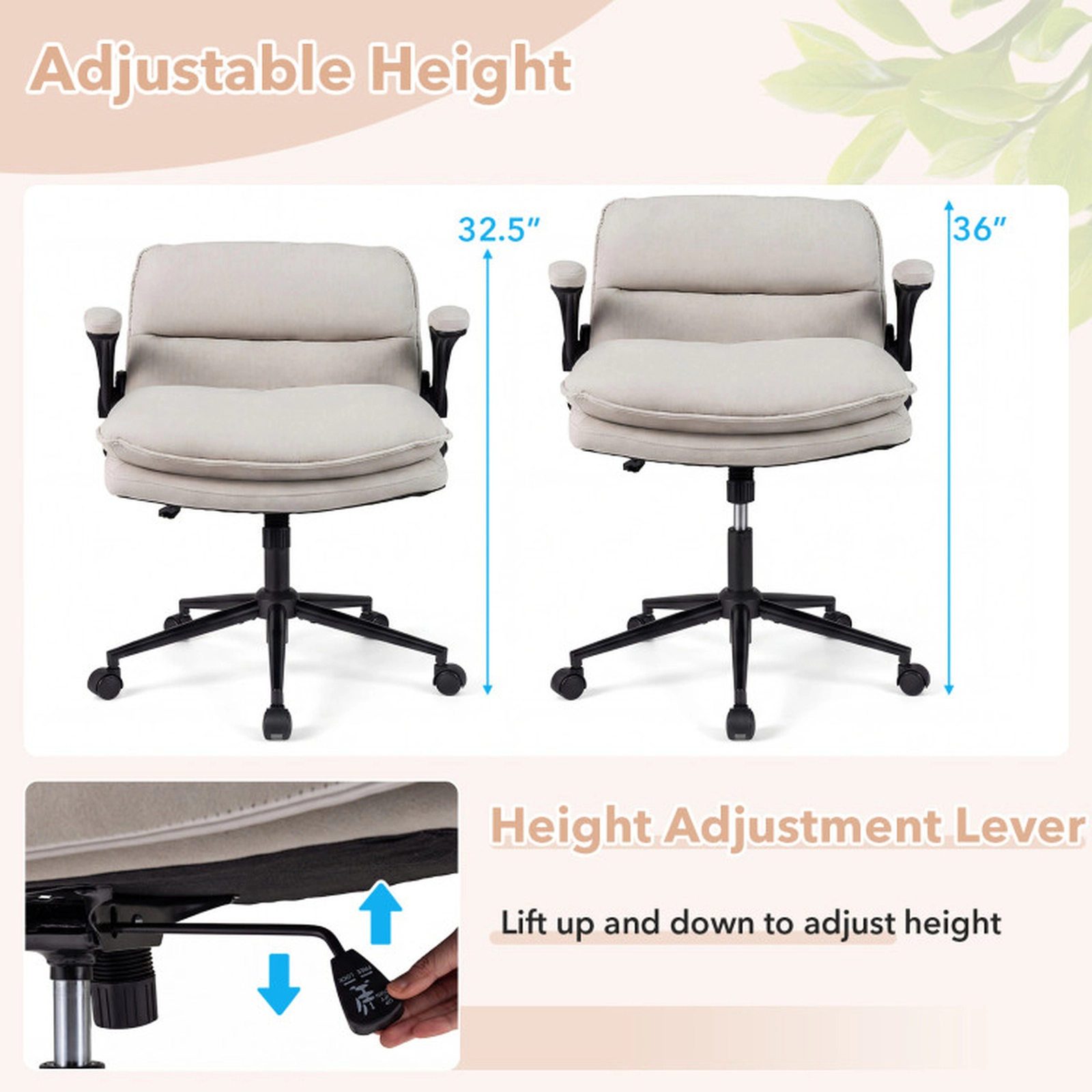 SUGIFT Flip-up Arms Adjustable Height Criss Cross Rolling Office Chair 31-in x 27-in x 32.5-in 330-lb Beige