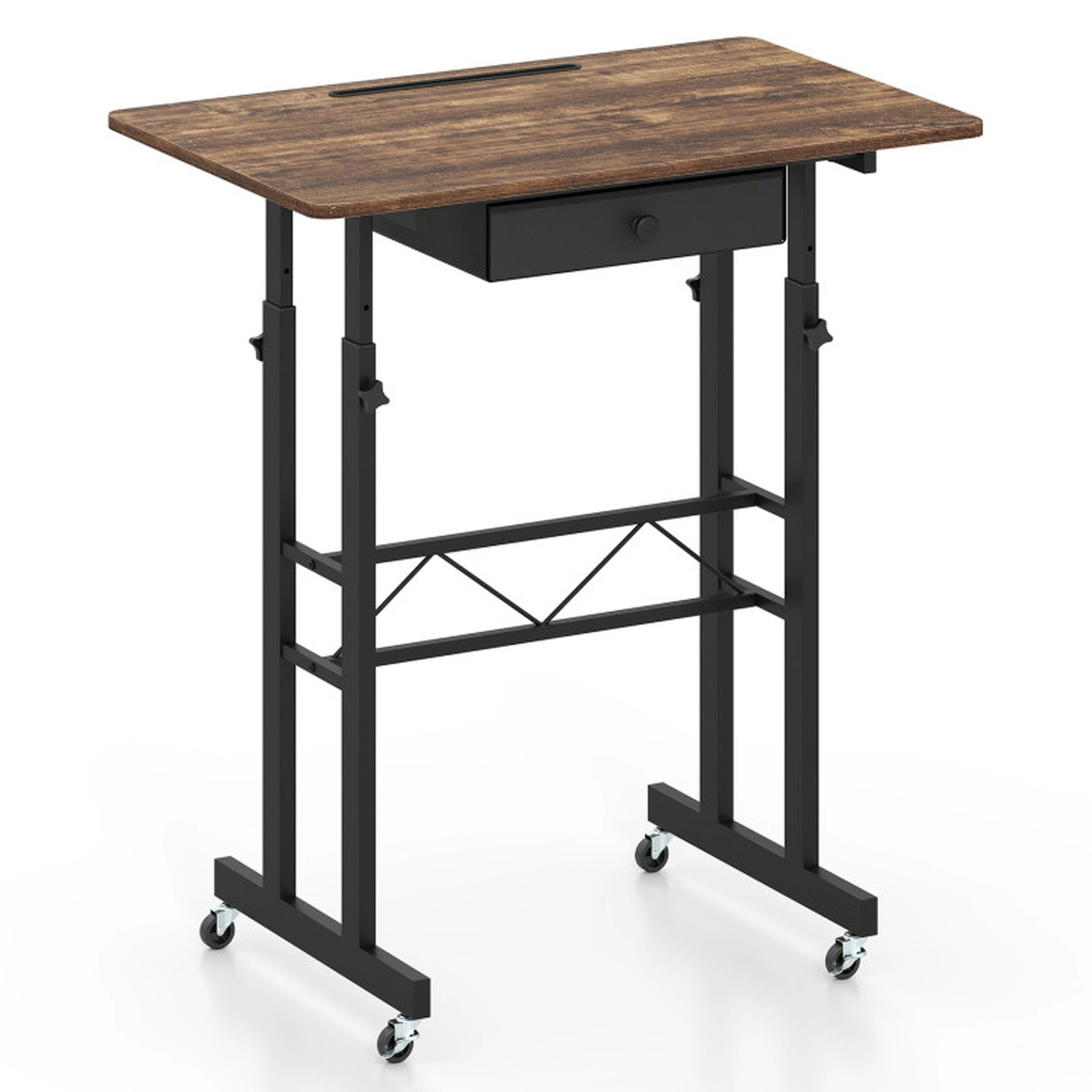 SUGIFT Height Adjustable Laptop Standing Desk with Fabric Drawer and Tablet Holder 45-lb Tabletop Rustic Brown