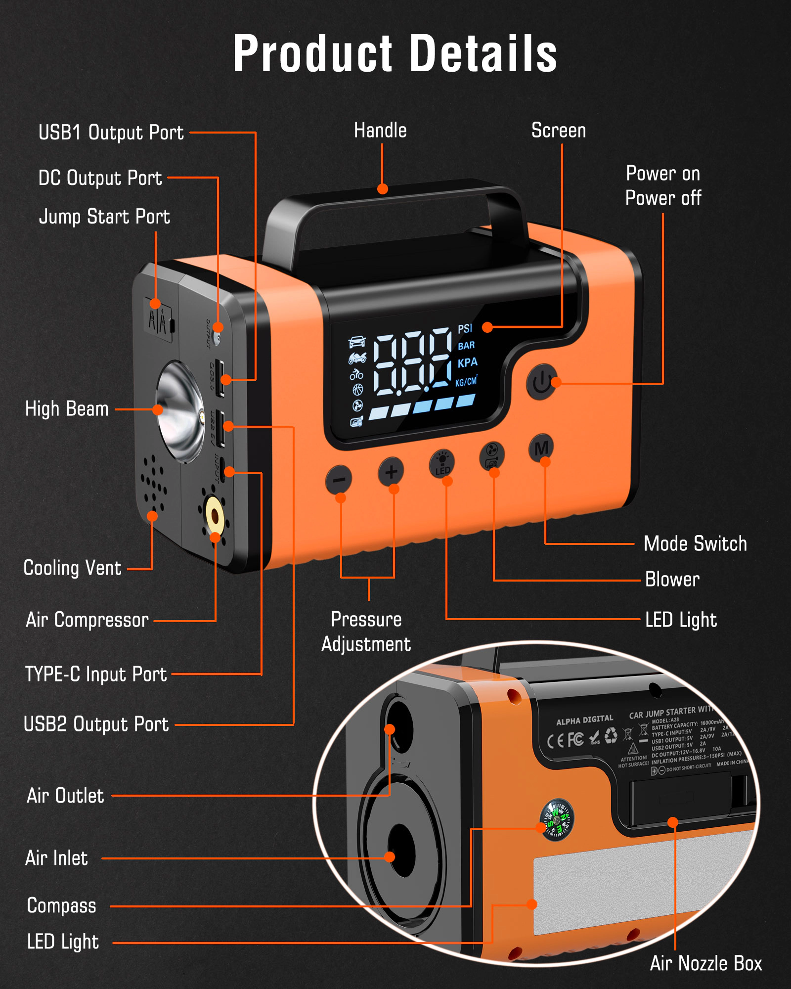Alpha Digital 3000A, 8L Gas/6L Diesel, LED Light, 150PSI Air - Car Jump Starter/Air Comp/Vacuum