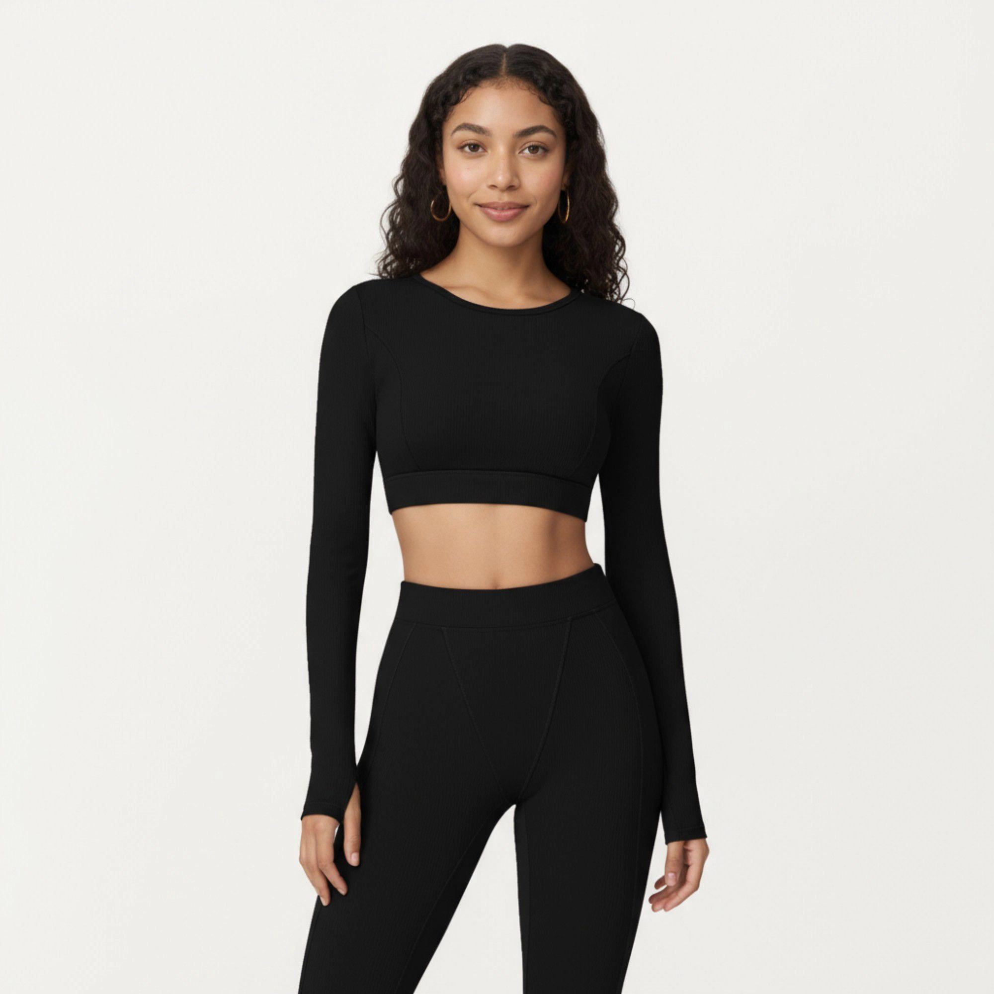 Anna-Kaci Women's Ribbed Cropped Long-Sleeve Top with Square Neckline and Contour Seaming