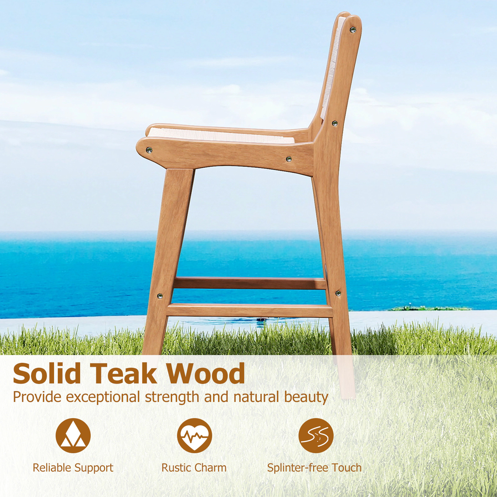 SUGIFT Set of 4 Outdoor Counter Height Bar Stool Bar Set with Woven Paper Rope Seat 400-lb Capacity 26-in Seat Natural