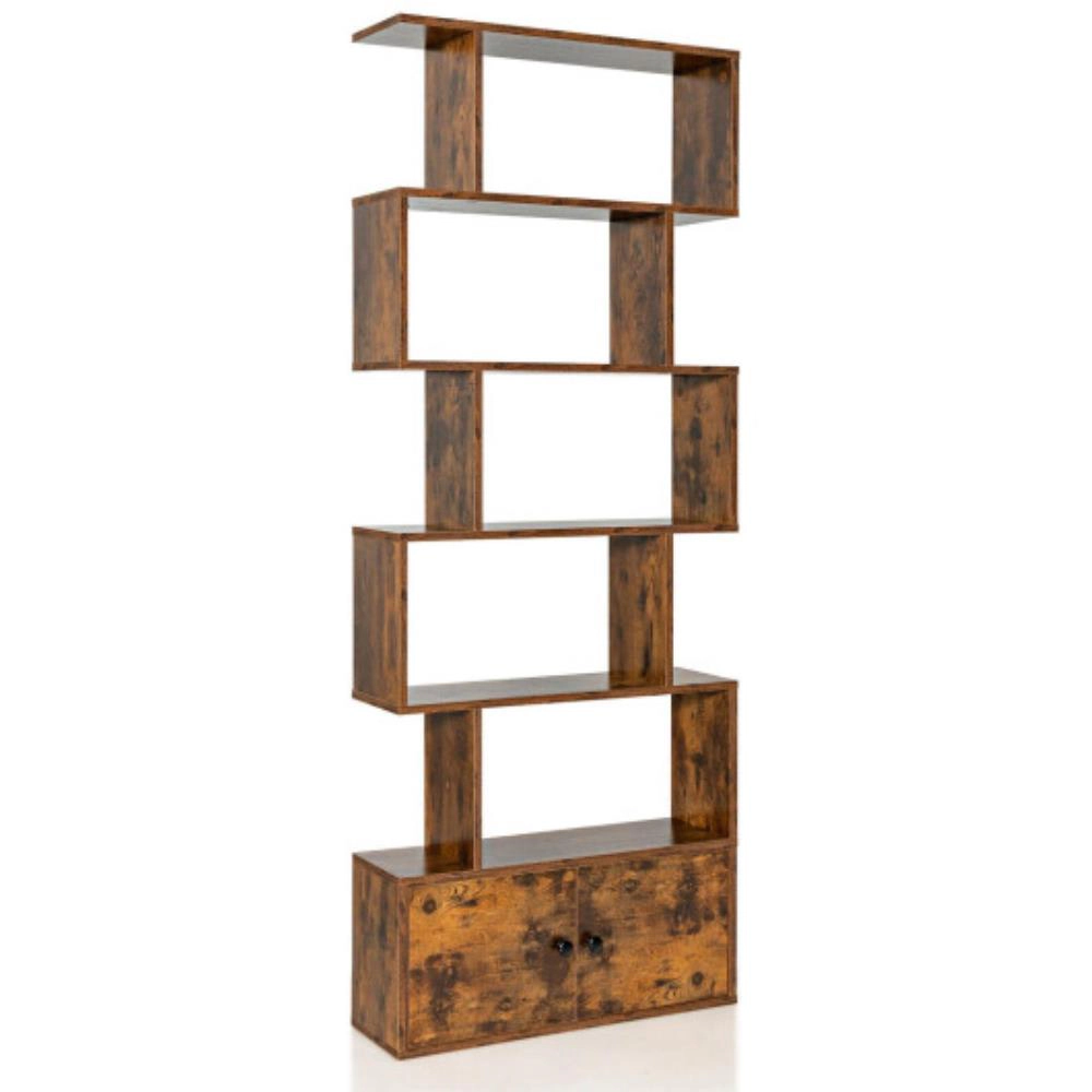 Hivvago 6-Tier S-Shaped Freestanding Bookshelf with Cabinet and Doors