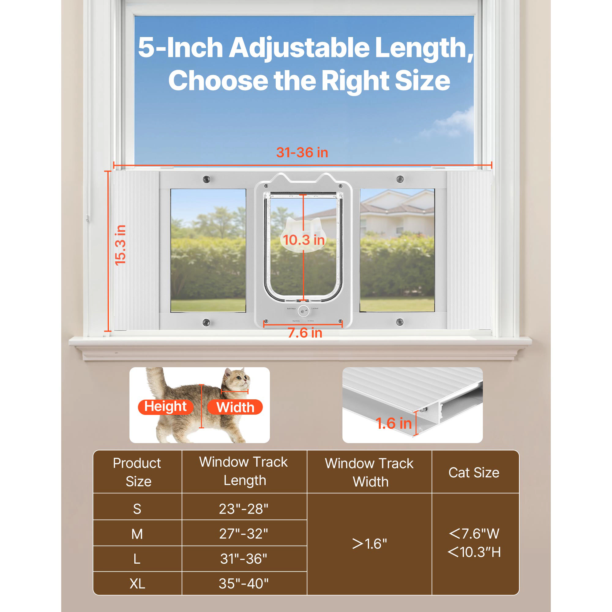 HONGGE Cat Door for Window Adjustable to Fit Window Width - 4 Secure Lock Modes Aluminum Frame and High-Transparency