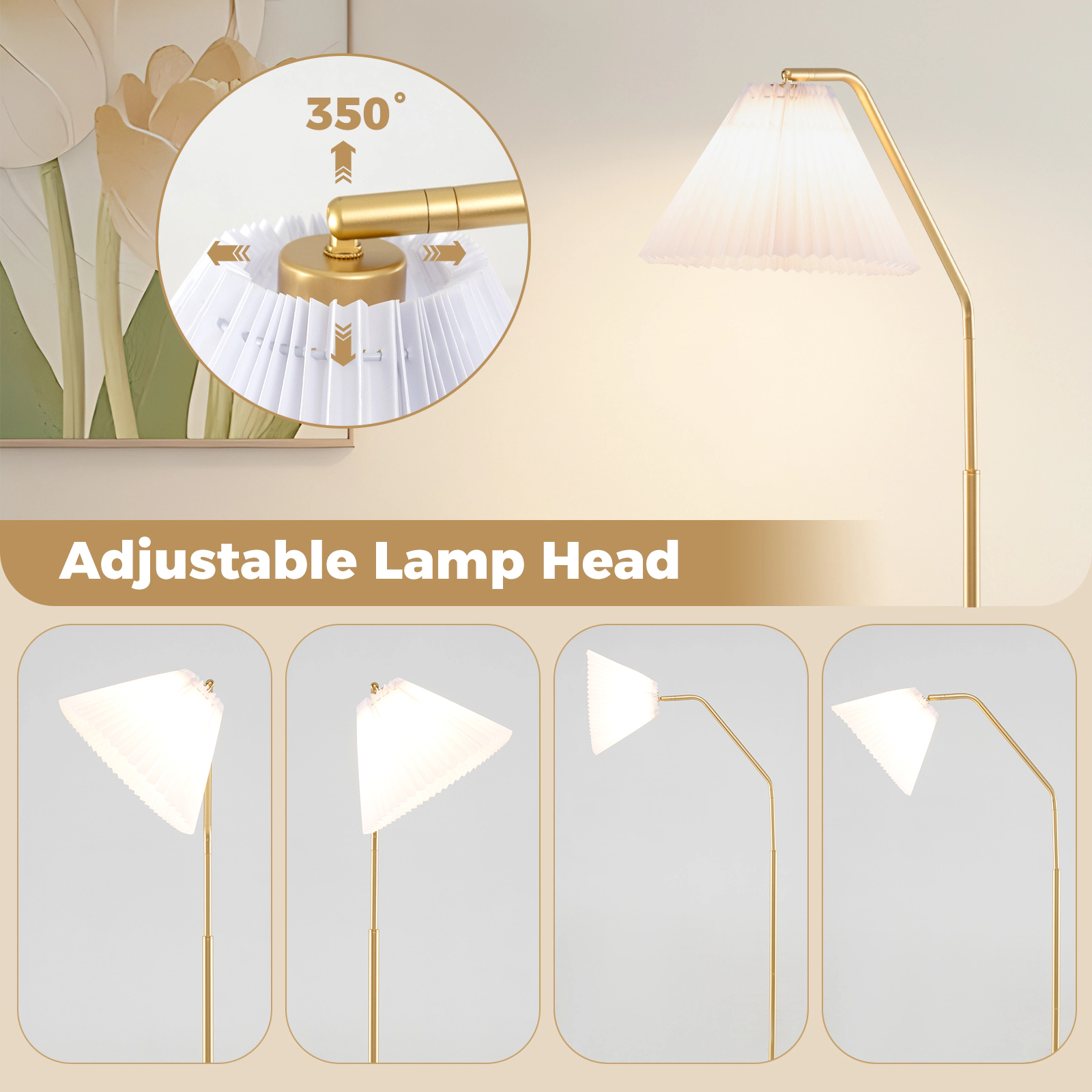 Slickblue Adjustable Arc Floor Lamp 66in Gold Metal Fabric Shade E26 Base Living Room Light