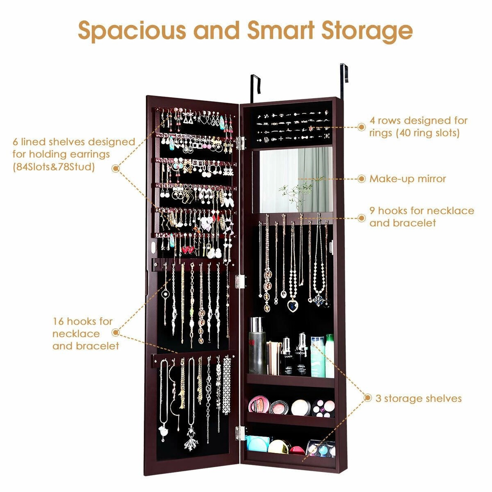 SUGIFT Dark Brown Full-Length Mirror Jewelry Cabinet with Ring Slots Necklace Hooks and Wall Storage