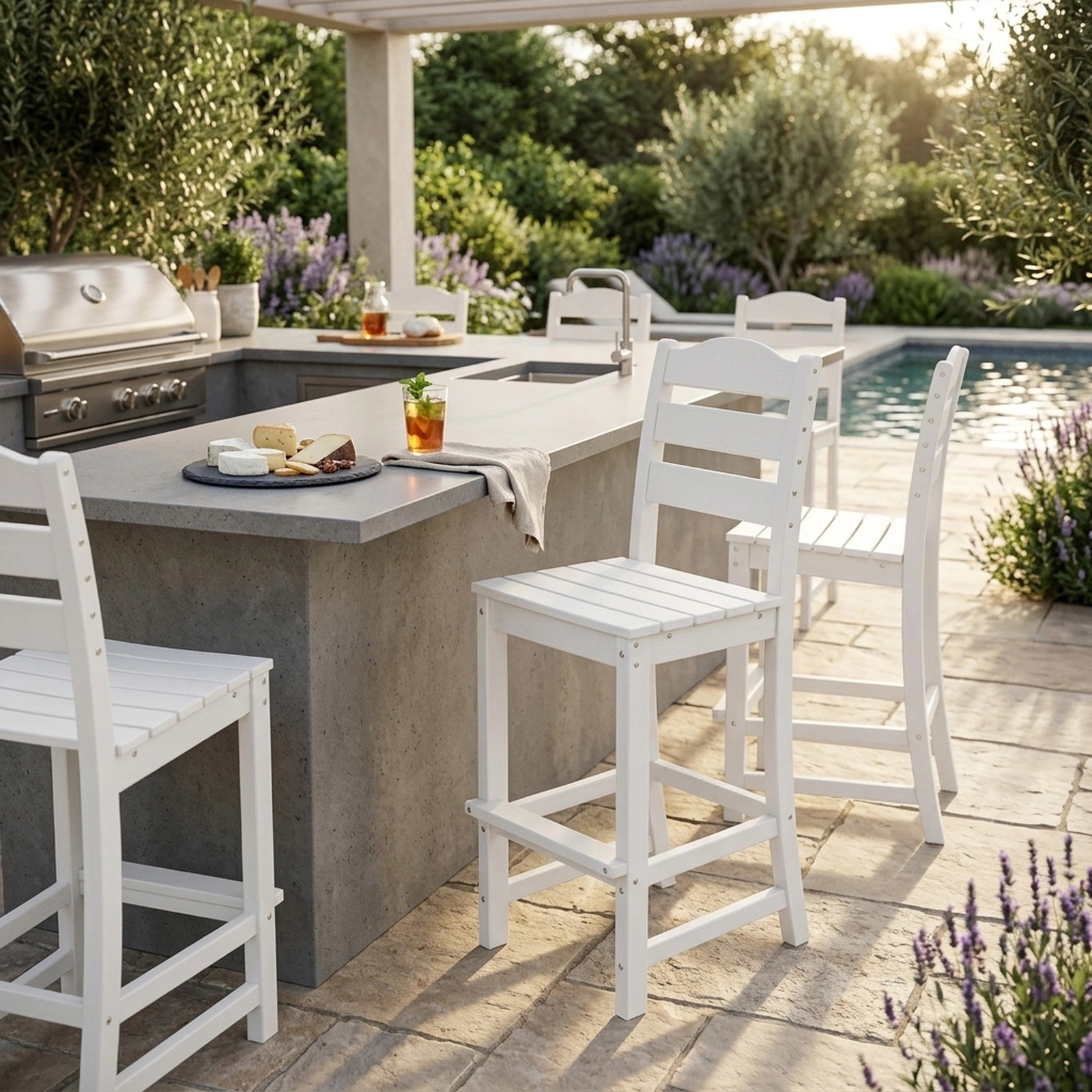 SUGIFT Gray 30-in HDPE Outdoor Bar Stool with Curved Back and Wide Footrest