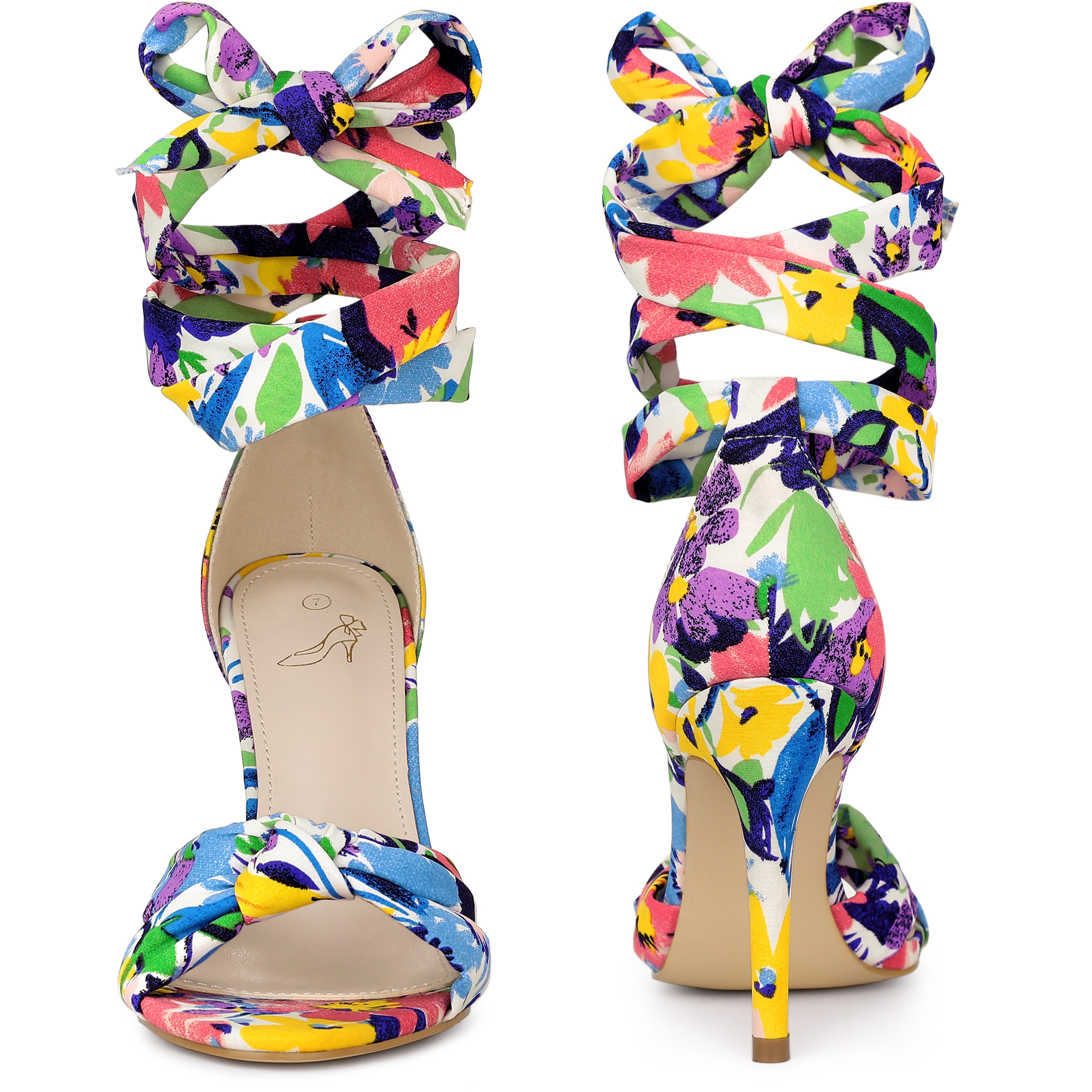 BLISSFUL STEP Women's Floral Print Open Toe Stiletto Heels Lace Up Twist Sandals
