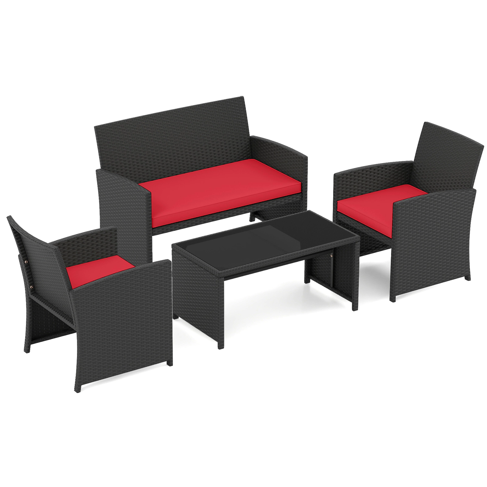 SUGIFT Tempered Glass Tabletop and Rattan Frame 4-Piece Red Cushioned Patio Furniture Set