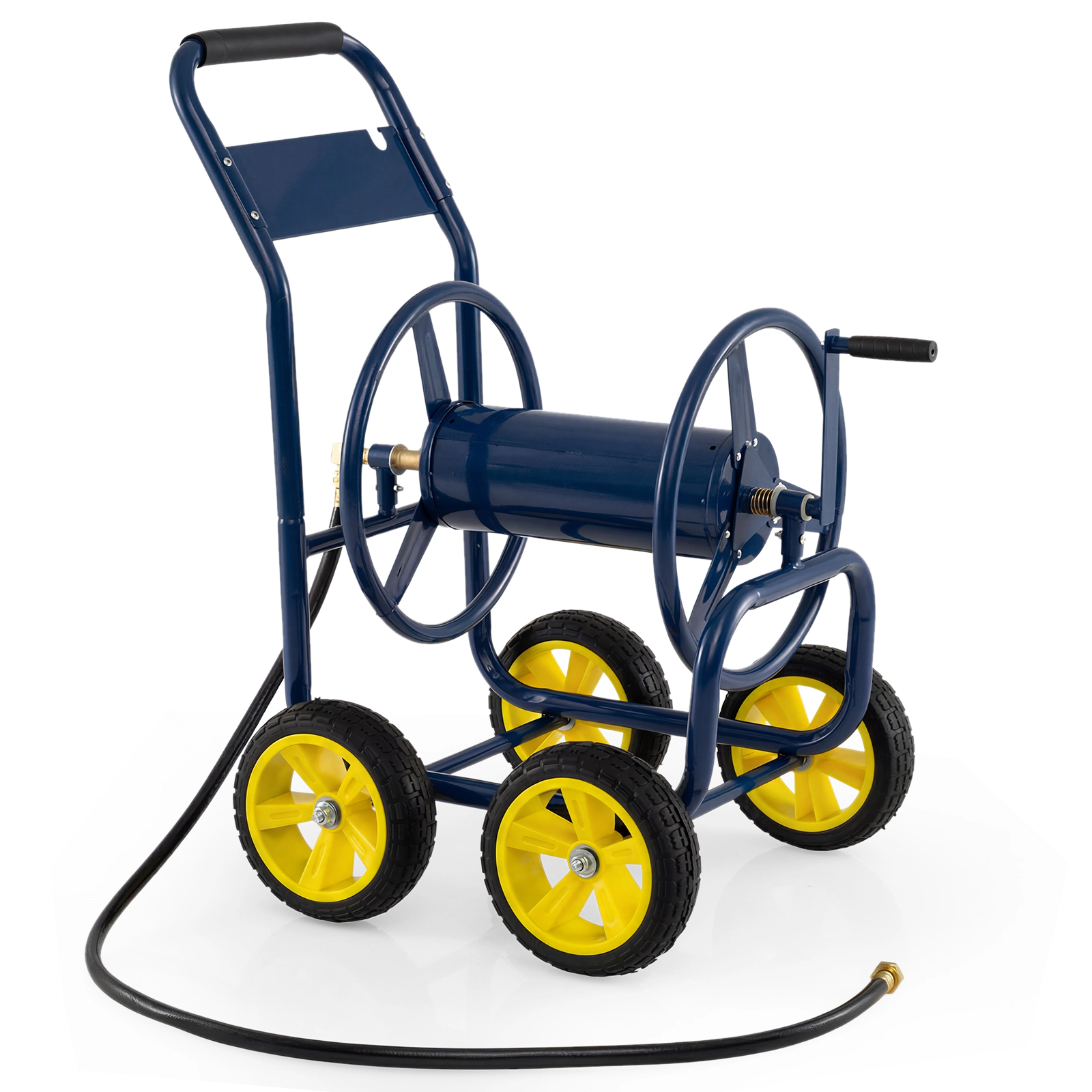 SUGIFT Navy Garden Hose Reel Cart with 4 Wheels Brass Fittings and Metal Frame for 330-ft of 5/8-in Hose