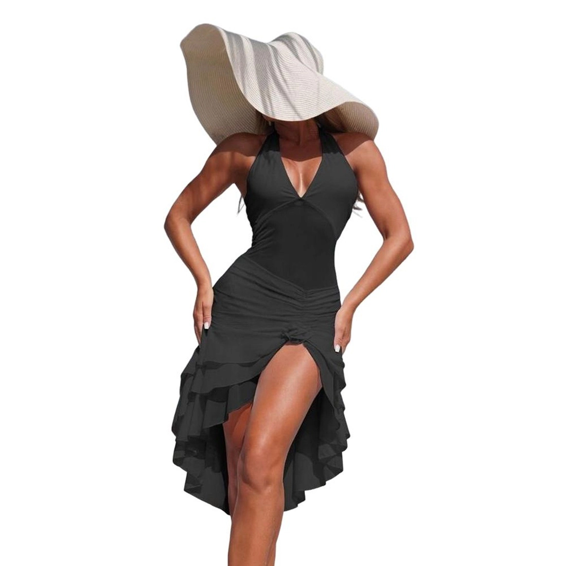 EadianDree Women Halter Beach Cover Up V Neck High Low Ruffled Swim Dress For Pool Vacation