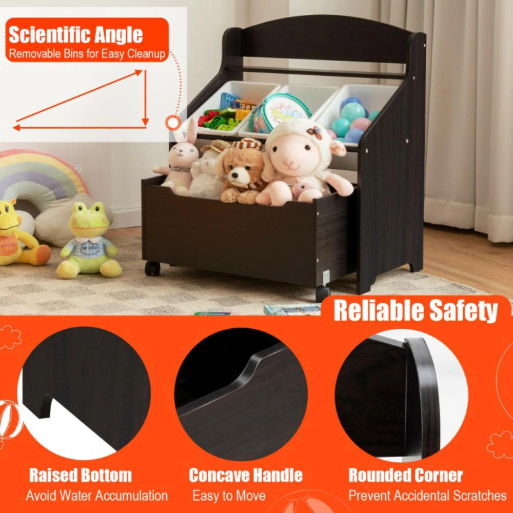 Hivvago Kids Wooden Toy Storage Unit Organizer with Rolling Toy Box and Plastic Bins
