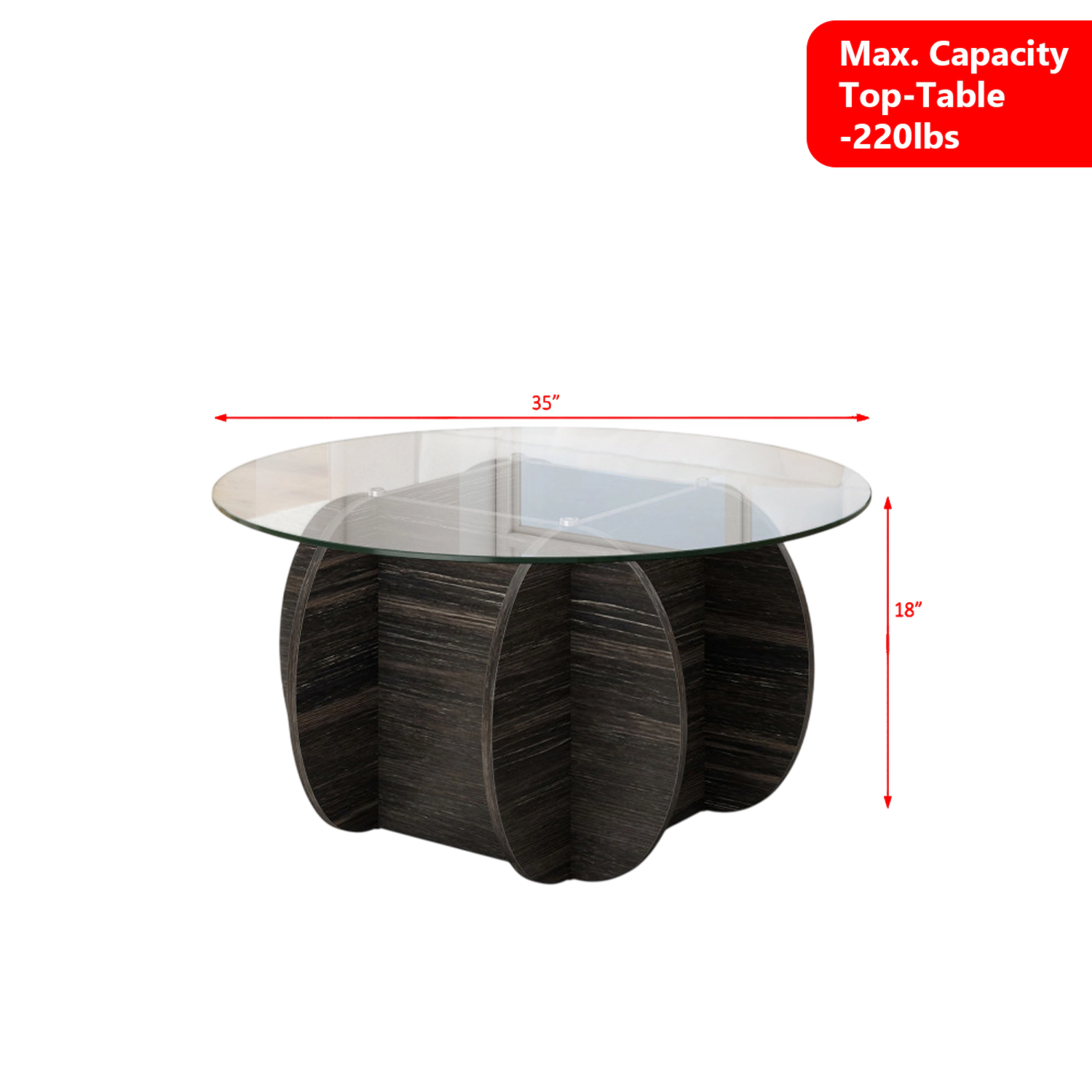 Hivvago 35" Wooden Round Coffee Table with Transparent Glass Top