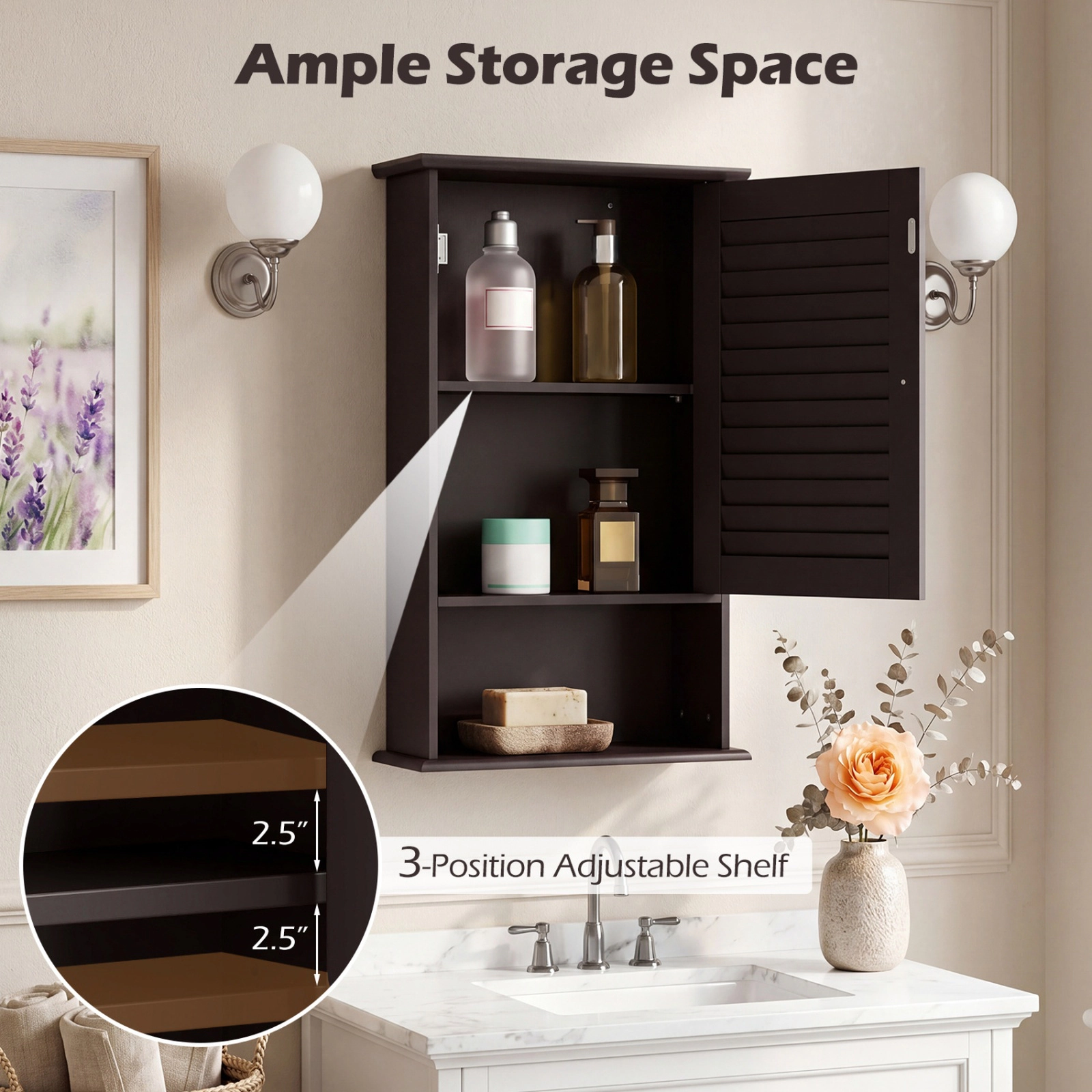 SUGIFT Bathroom Wall Mount Storage Cabinet Single Door with Height Adjustable Shelf 46-lb Capacity Rustic Brown