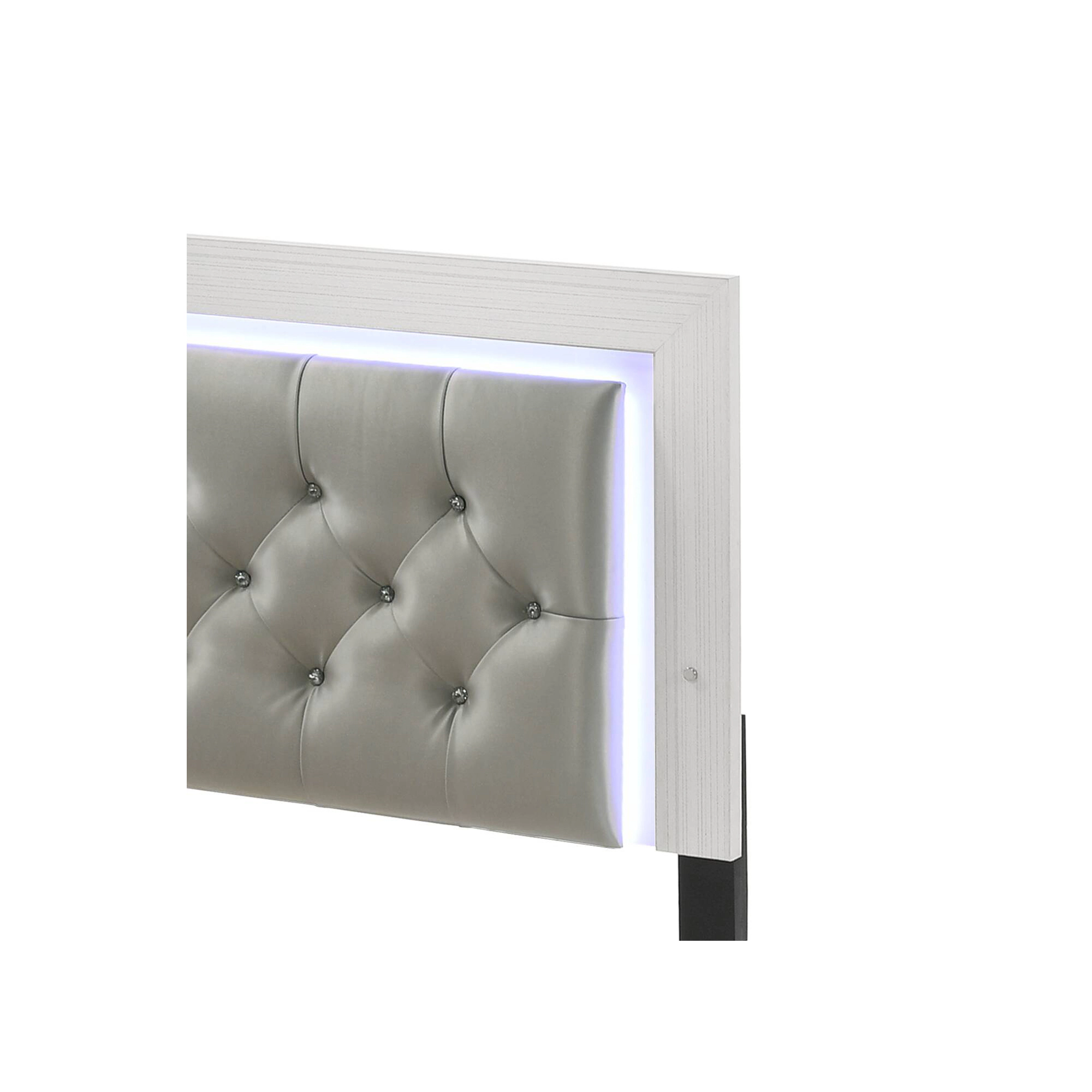 Flynama Casilda Queen Bed with LED, Gray Leatherette & White
