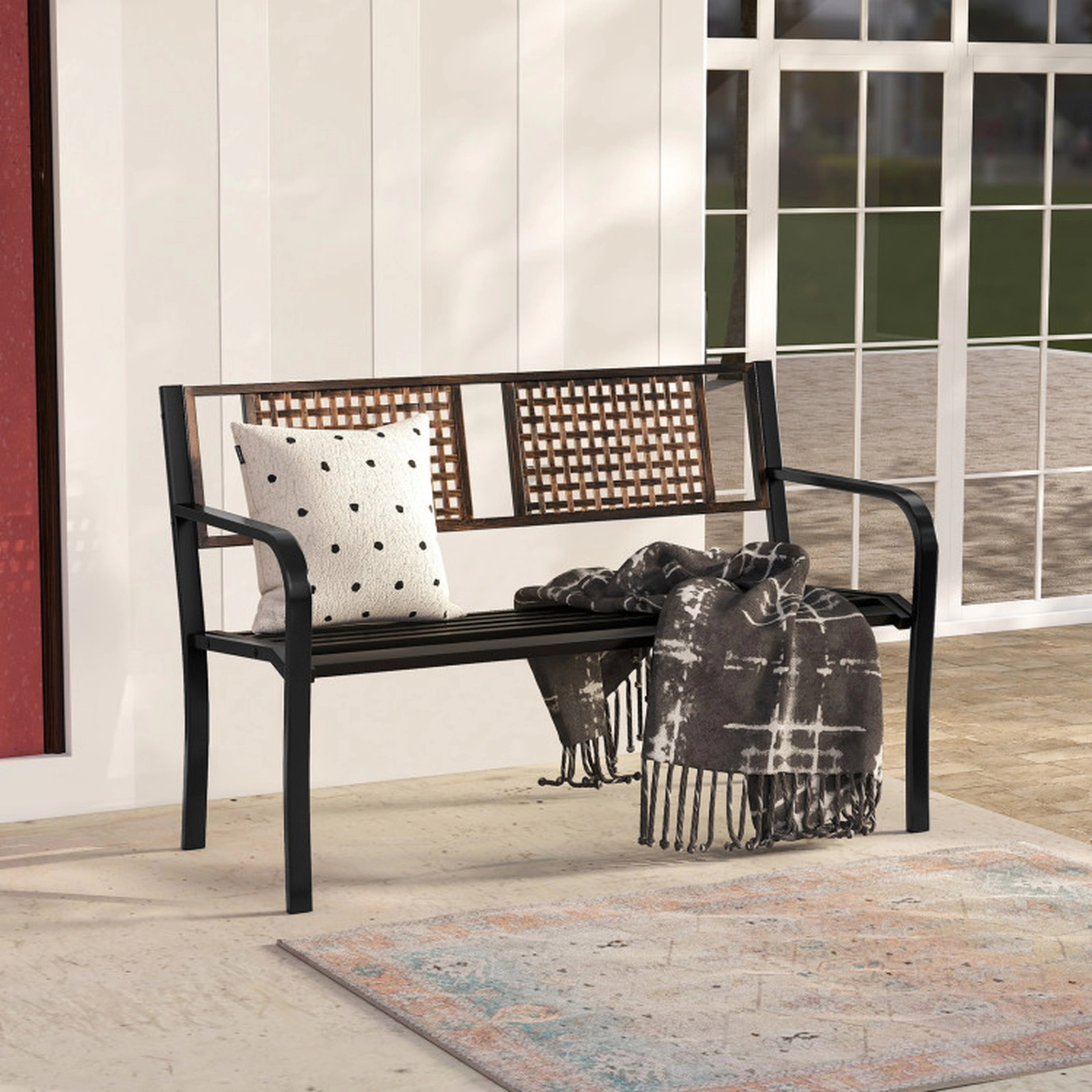 SUGIFT Black Rattan-Like Backrest for 2-3 People 50 Inch Outdoor Metal Garden Bench