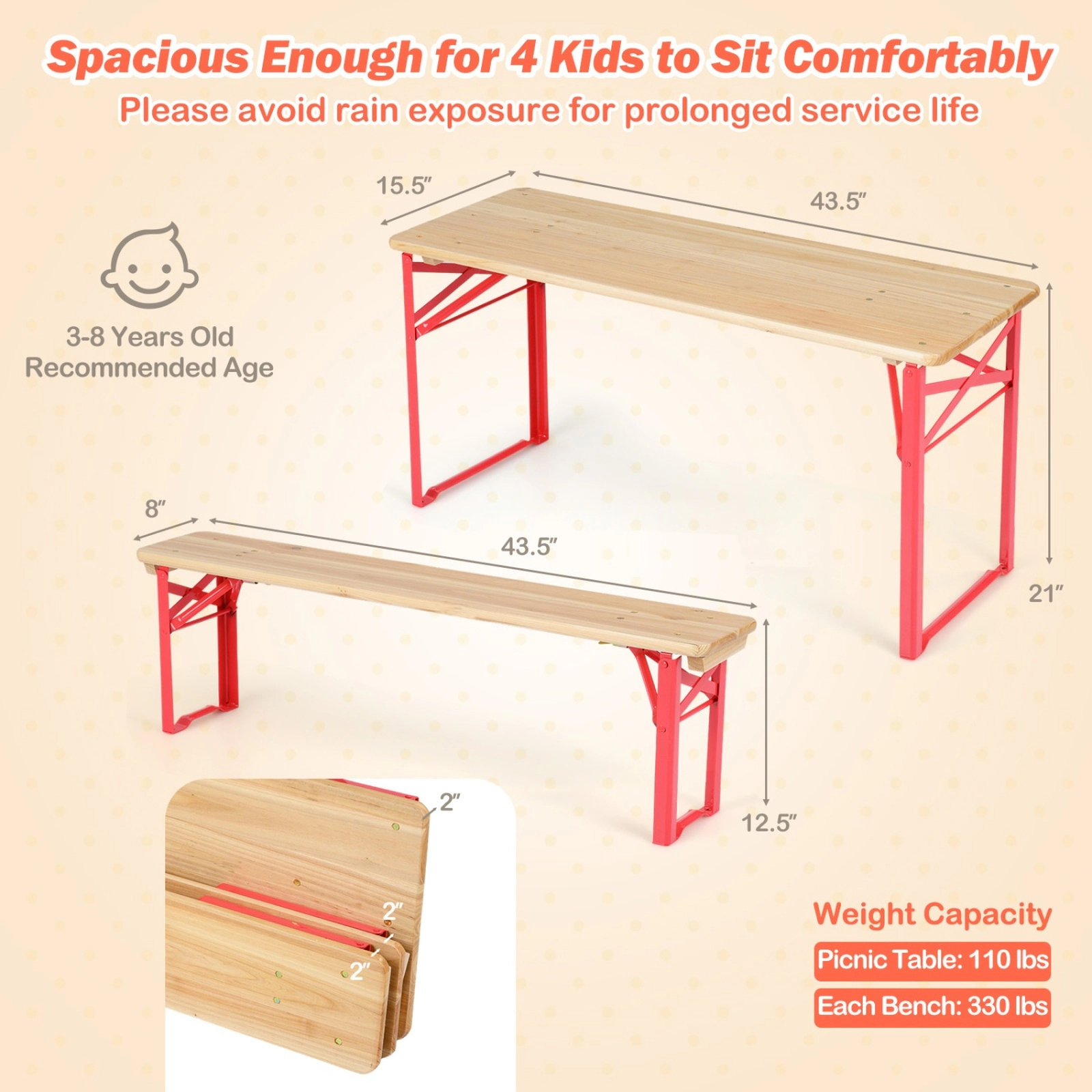 SUGIFT Folding Kids Picnic Table and Bench Set 110-lb Table 330-lb Bench Capacity Ages 3-8 Red and Natural