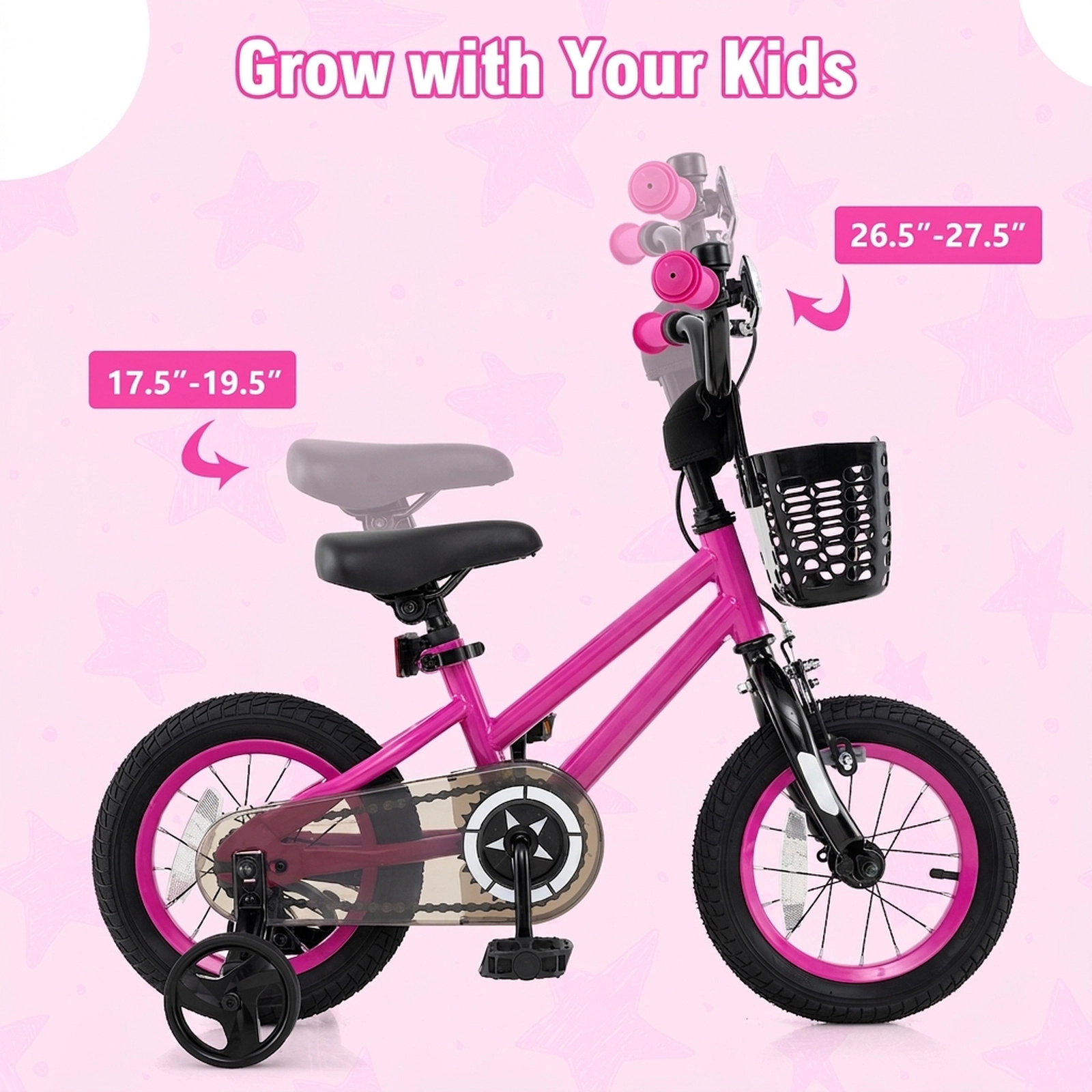12-in Kids Bike Front Basket Quick-Release Adjustable Seat and Removable Training Wheels Ages 3-4 Dual Brakes Pink