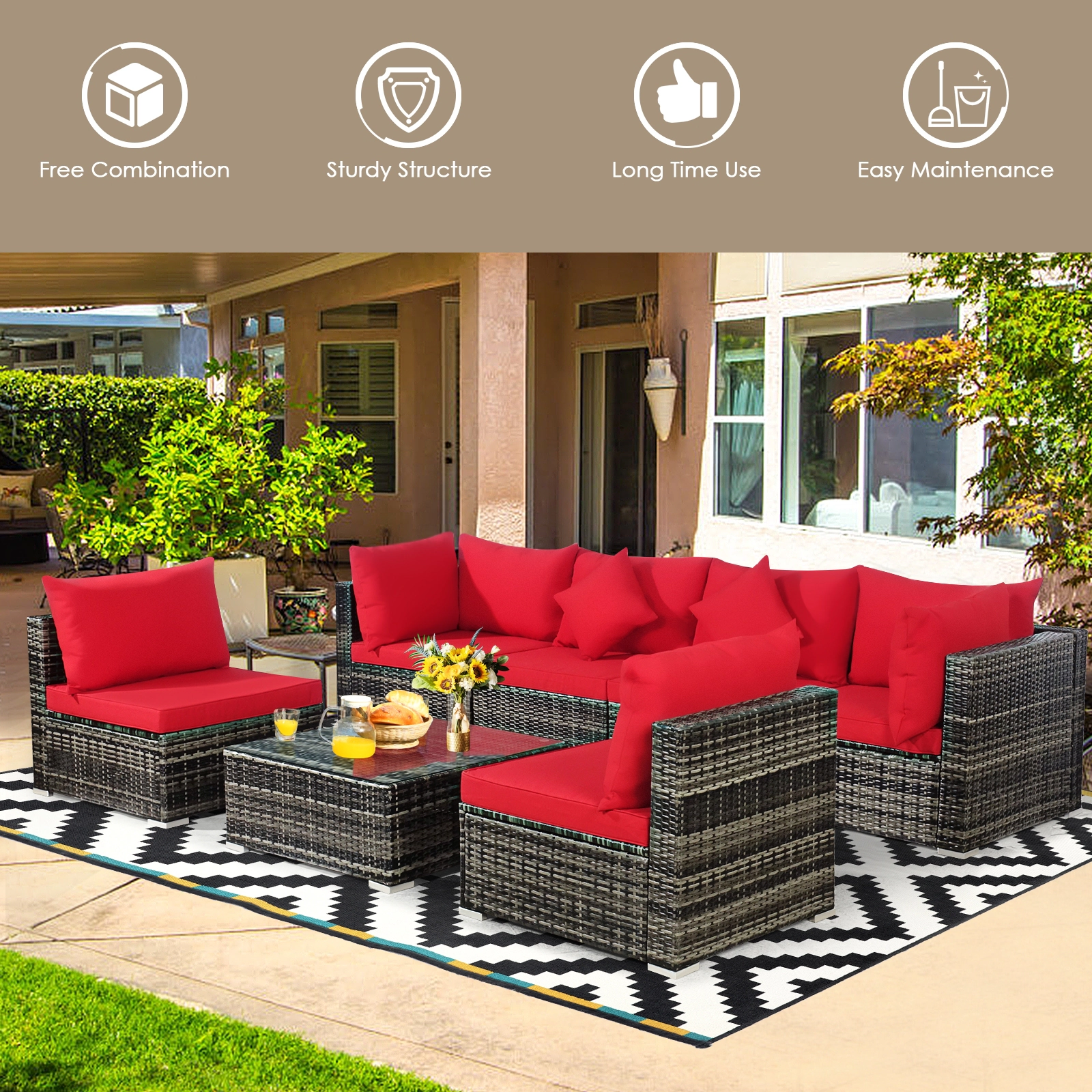 LJG 7 Pieces Patio Rattan Furniture Set Sectional Sofa Garden Cushion