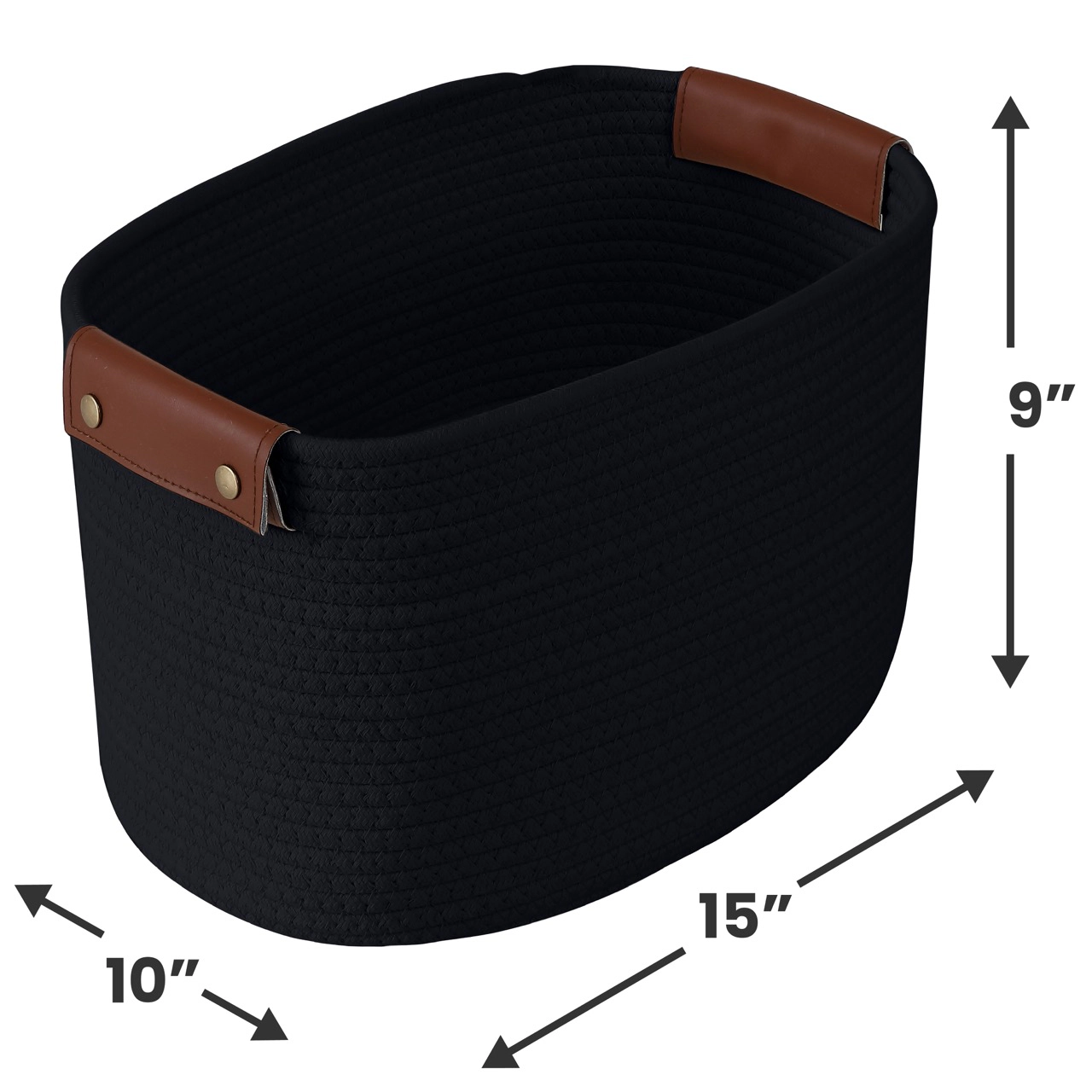 Ornavo Home 3 Pack Cotton Rope Shelf Basket with Faux Leather Handles - 15" x 10" 9"
