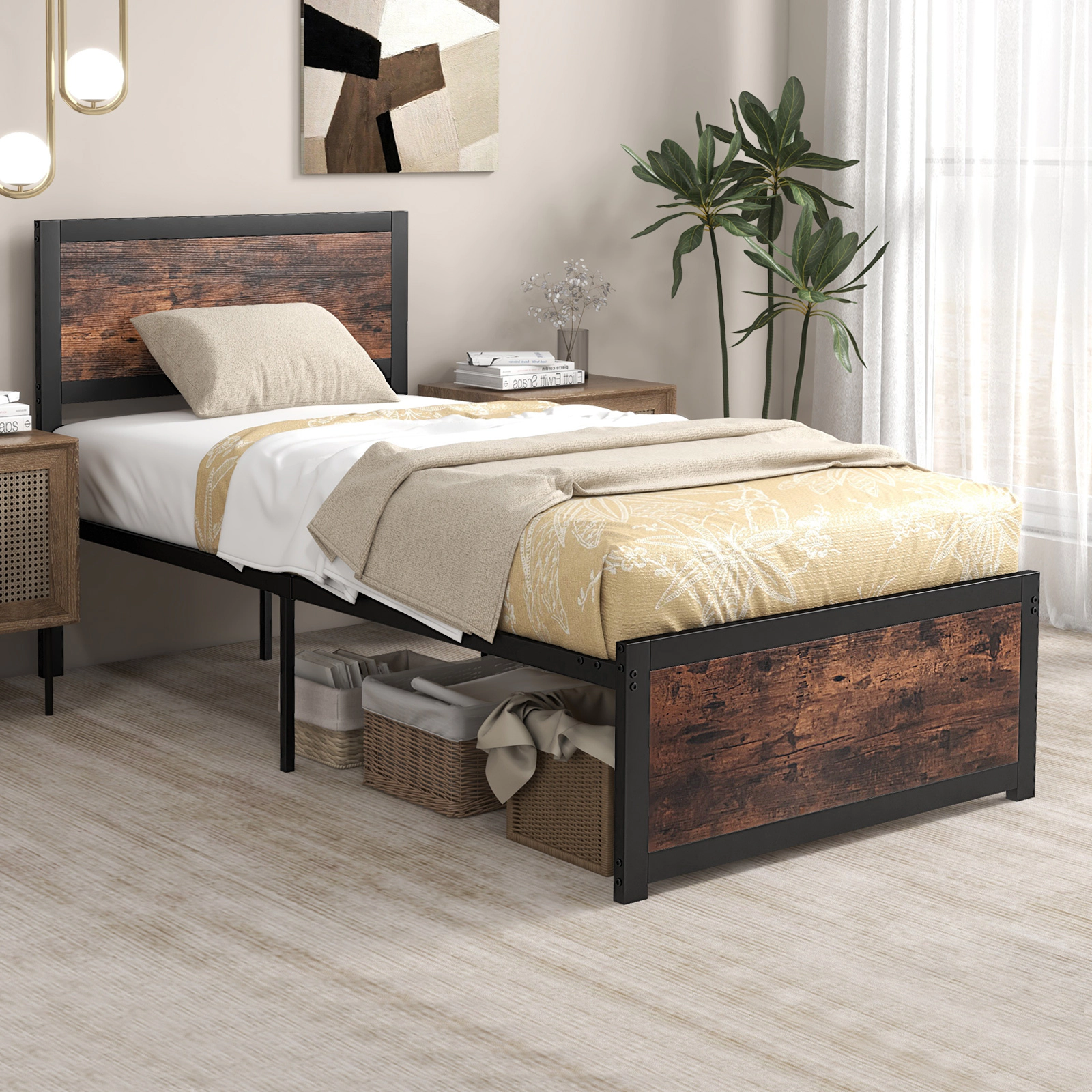SUGIFT Sprayed Metal Twin Bed Frame with High Headboard and Mute Bars 490-Lb Capacity 77-in Length Rustic Brown & Black