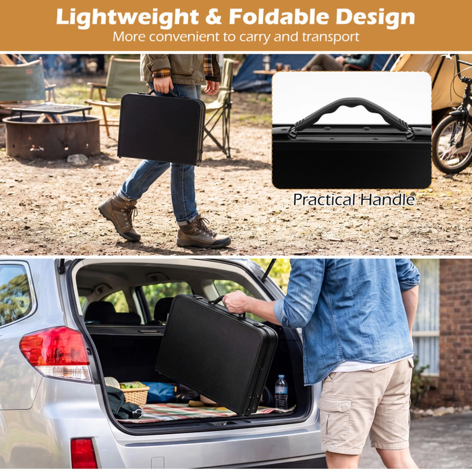 SUGIFT 3-Height Folding Camping Table with Large Storage Net & Handle 110-lb Capacity Black