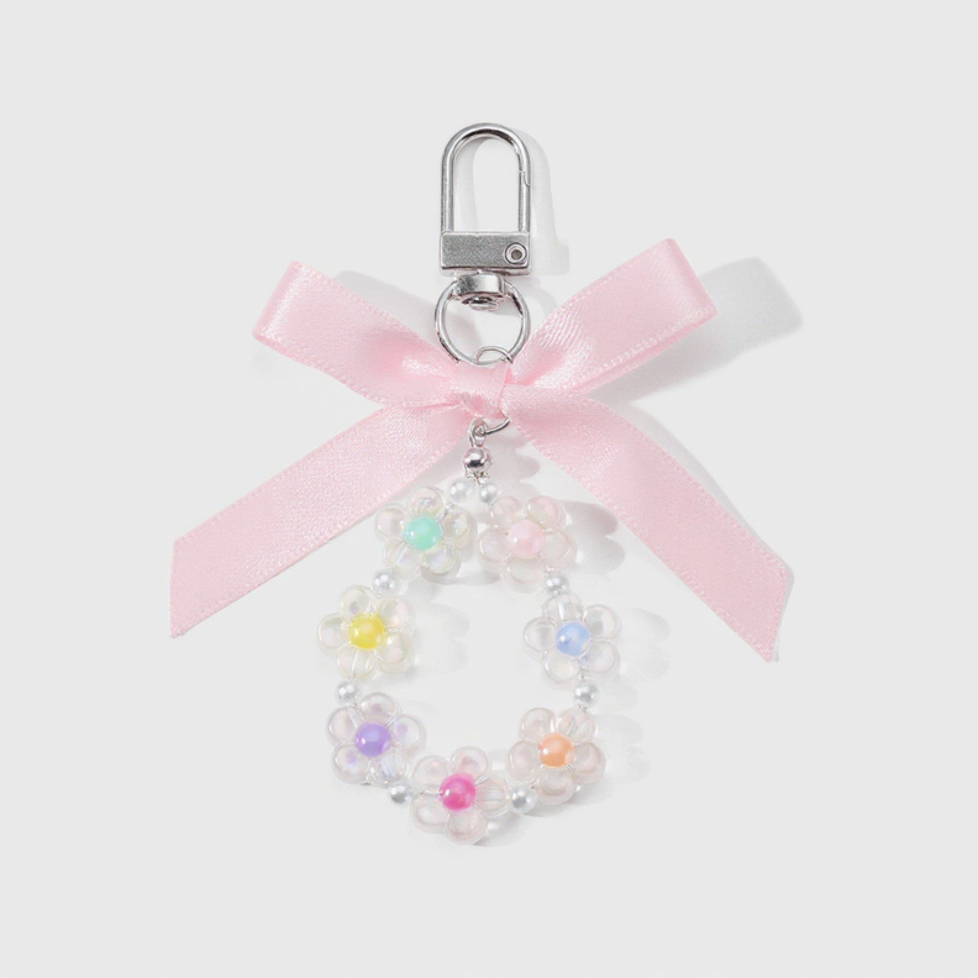 Alilang Women's Pastel Flower Beaded Keychain with Pink Satin Bow and Pearl Accents