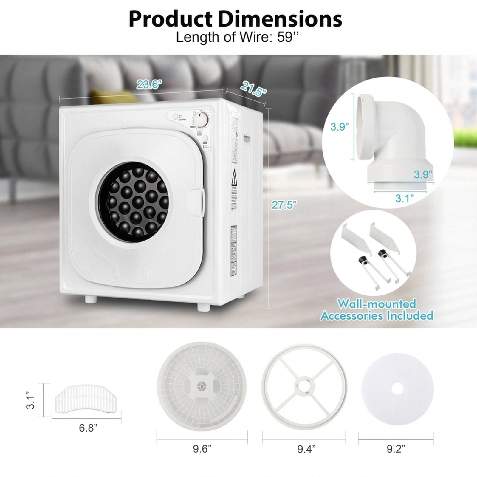 SUGIFT White Compact Front Load Laundry Dryer with Touch Panel 1500W 13.2-lb Drum Capacity 23.6-in W 21.5-in D