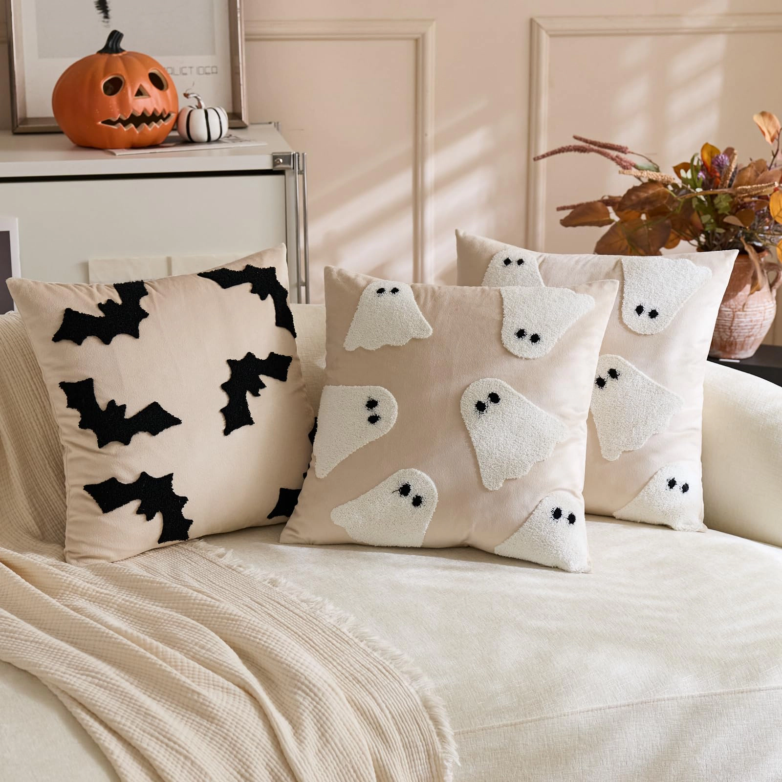 WZK Set of 2 Embroidery Ghost Indoor Outdoor Throw Pillow Covers