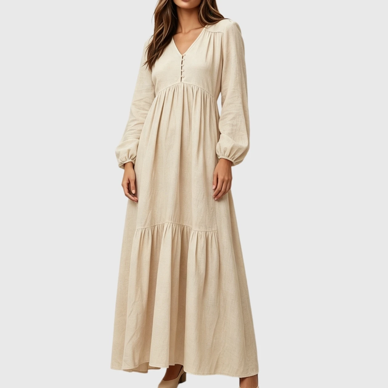 YesFashion Women's V-Neck Long Sleeve Loose Fit Flowy Boho Maxi Dress with Pockets and Buttons