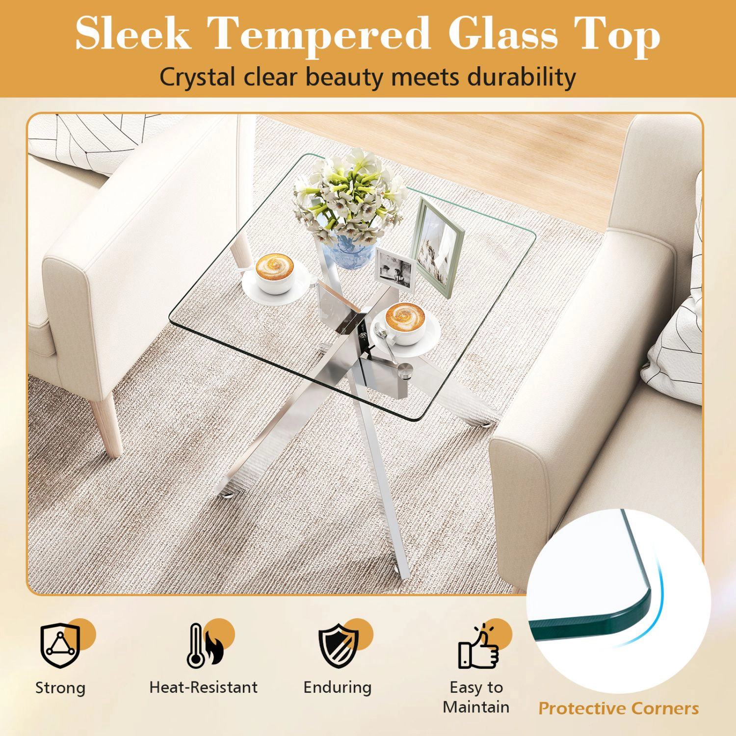 SlickBlue Modern Glass End Table with Metal Frame for Living Room