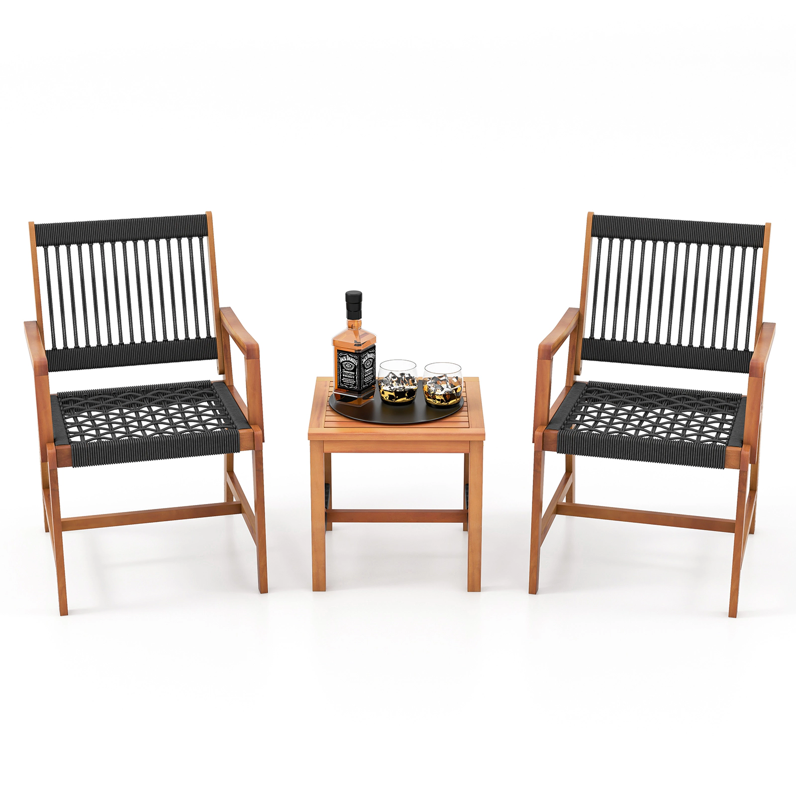 SUGIFT Hand-Woven Black Rope Seat and Back 3-Piece Acacia Wood Patio Armchair Set