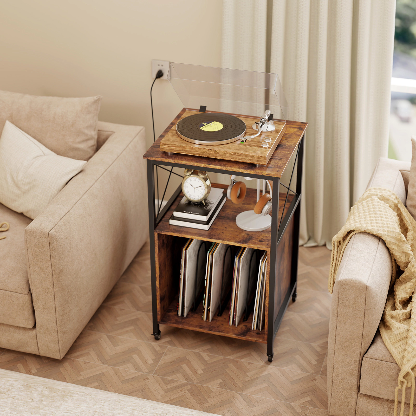 SUGIFT Mobile Record Player Stand with Power Outlet Accent Table 190-lb Capacity Rustic Brown & Black 32-in Tall