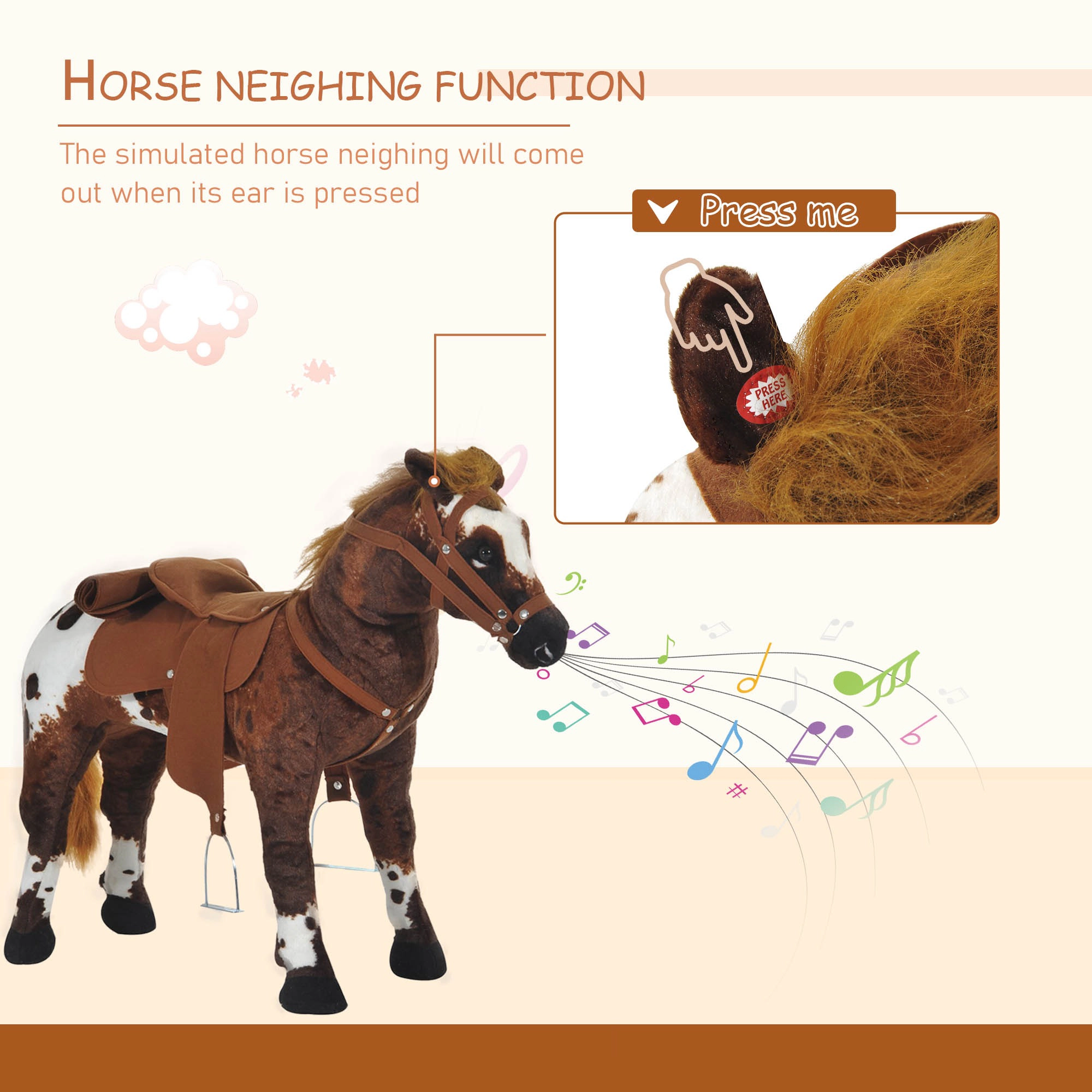 HONGGE Plush Rocking Horse Toy with Neighing & Galloping Sounds, Padded Seat, Holds up to 110 lbs, Ages 3+
