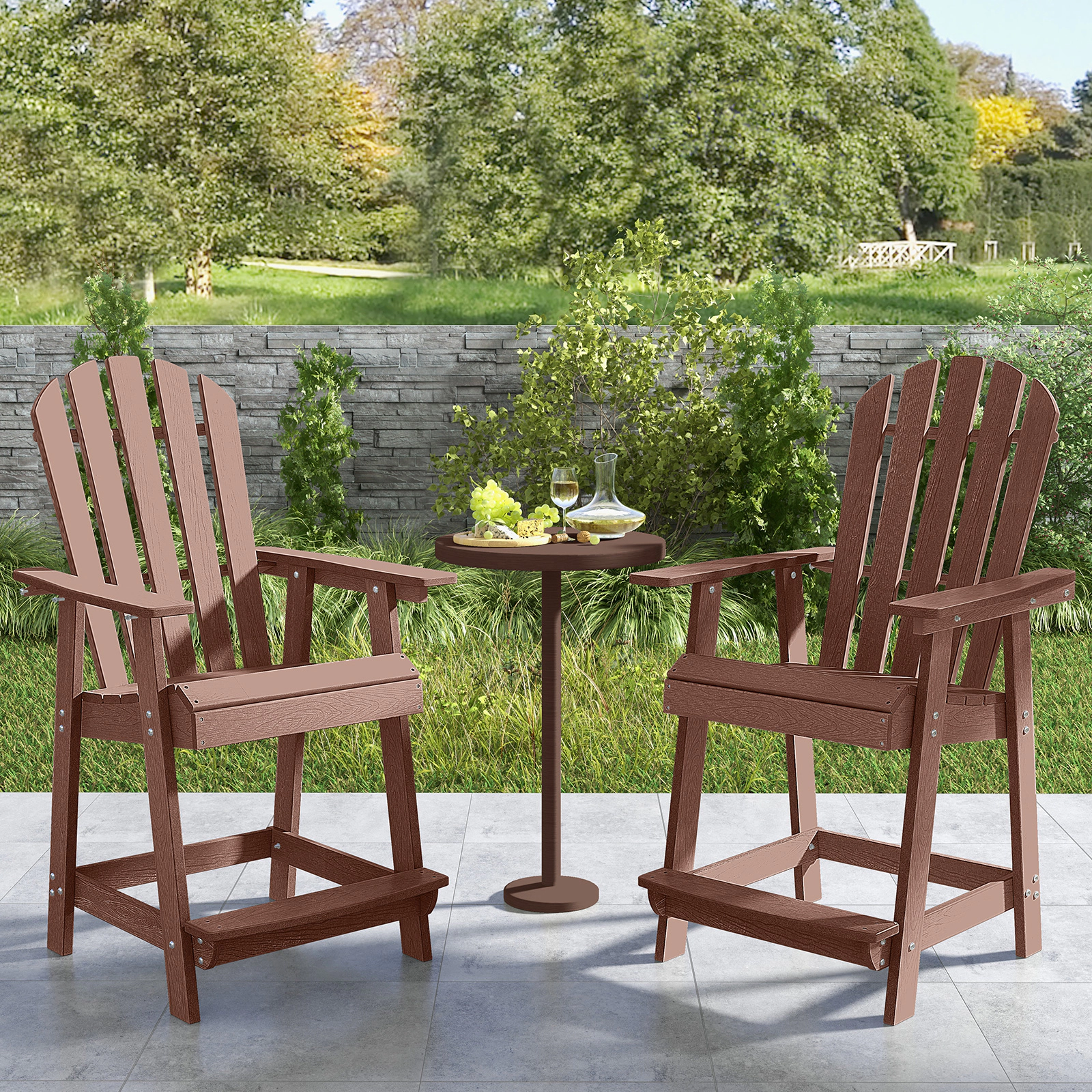 SUGIFT Counter-Height Bar Stool, HDPE Indoor-Outdoor Chair with Arms, Footrest and Backrest, Coffee