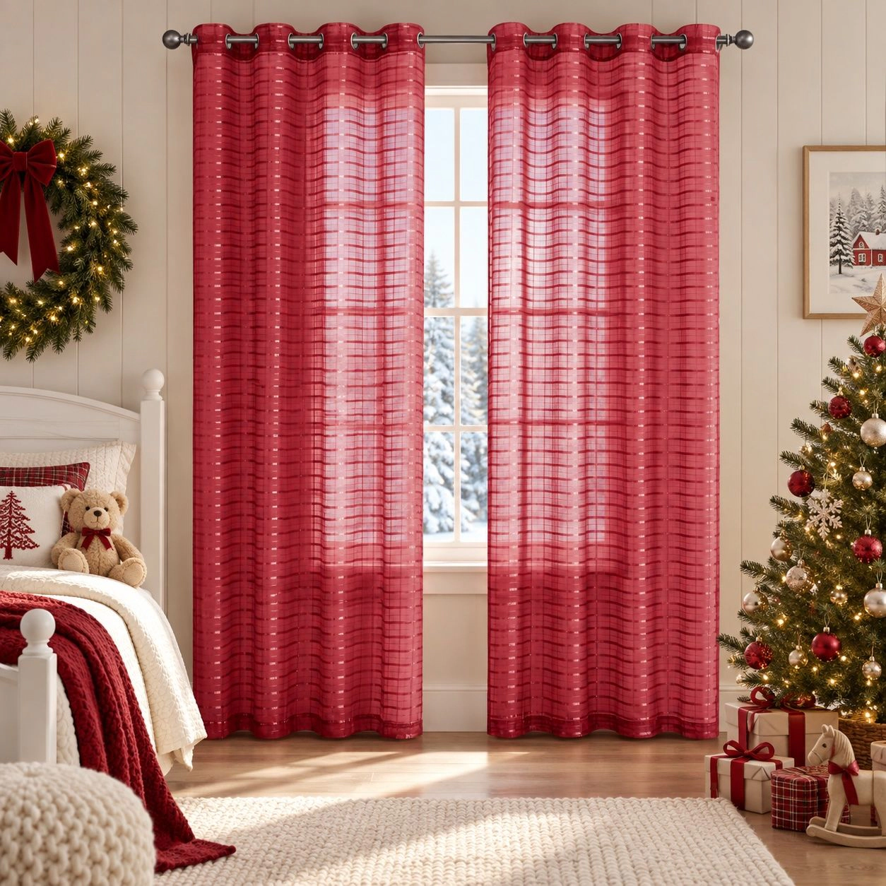 Kate Aurora 2 Piece Red Christmas Plaid Grommet Top Sheer Window Curtain Panels - 84 in. Long
