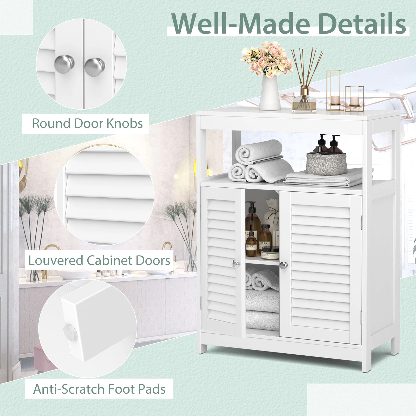 SlickBlue Bathroom Floor Cabinet with Shutter Doors and Storage