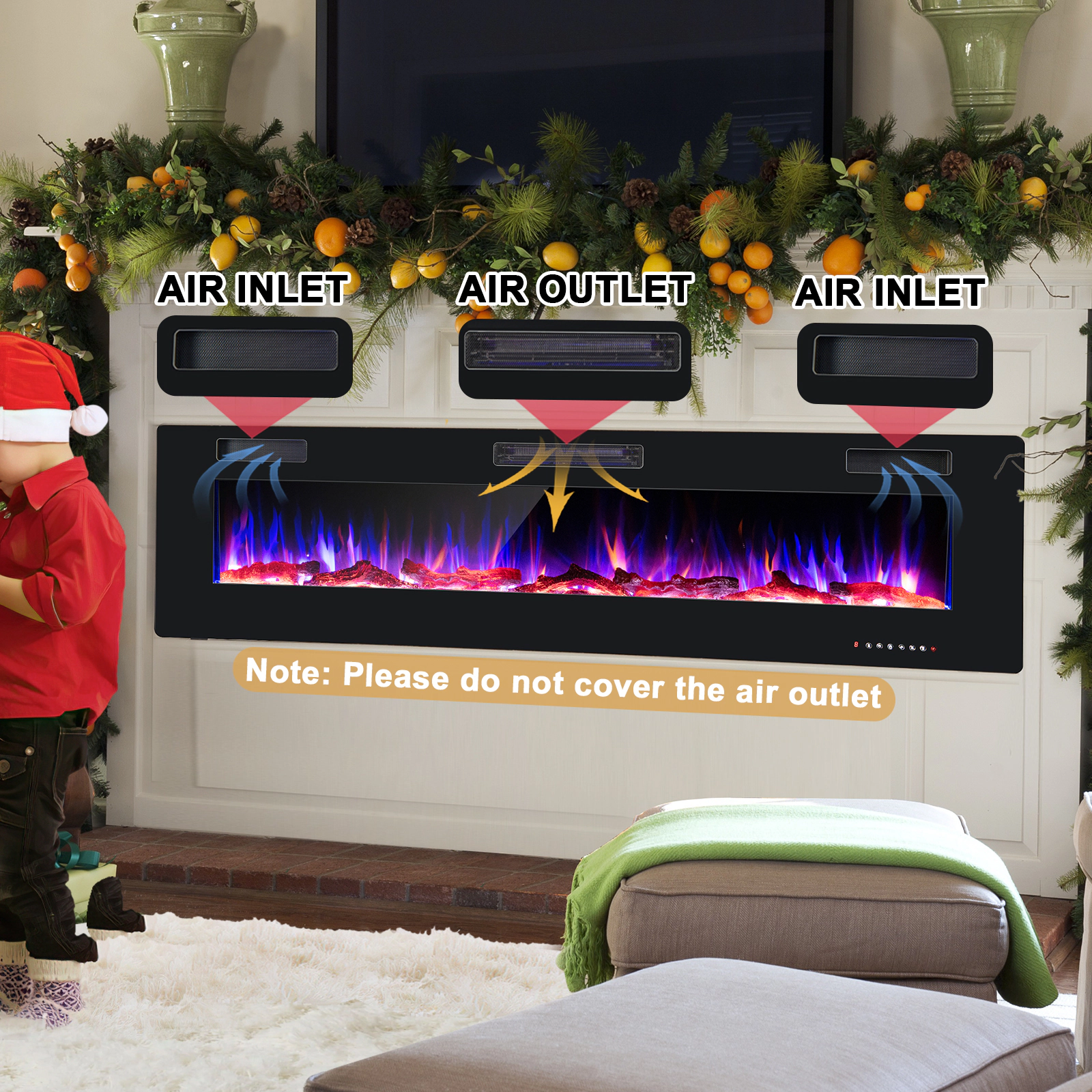 SlickBlue 68 Inch Recessed Electric Fireplace with Crystals, Logs, Timer and Remote