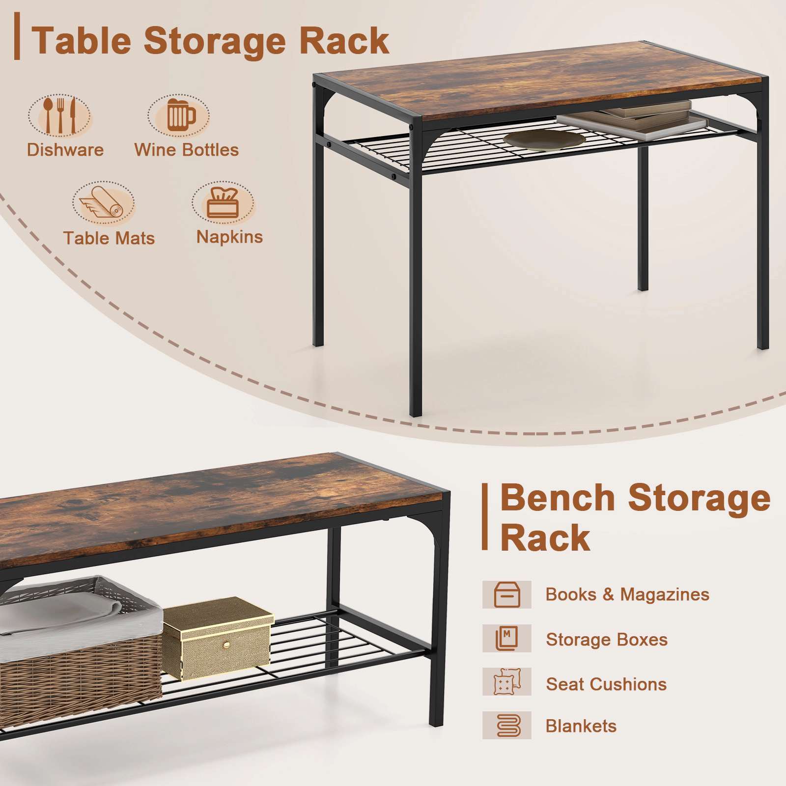 SUGIFT 4-Piece Industrial Dining Set, 43-Inch Table, Bench, 2 Chairs, 2 Storage Shelves