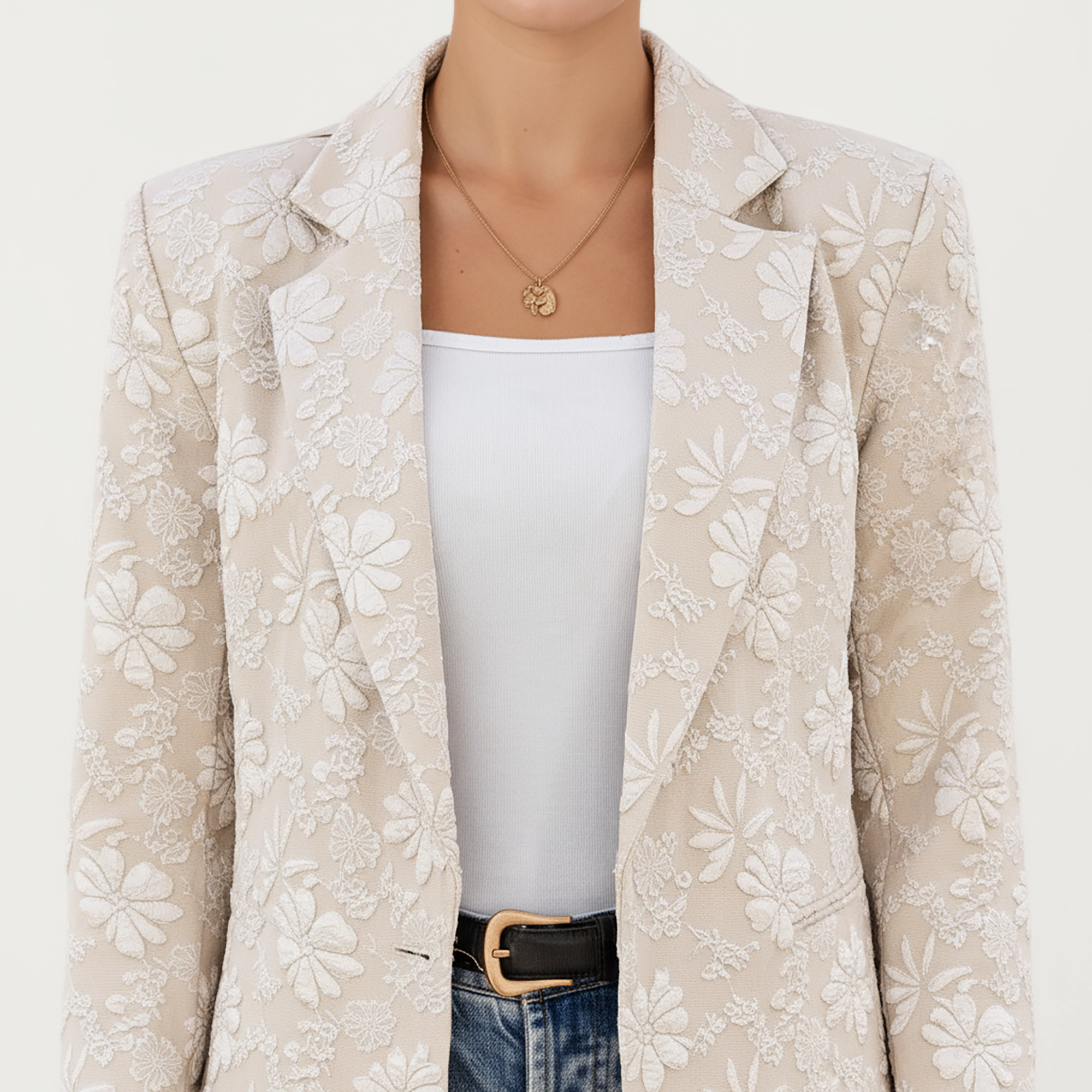 Anna-Kaci Women's Floral Textured Longline Blazer with Notched Lapel and Open Front