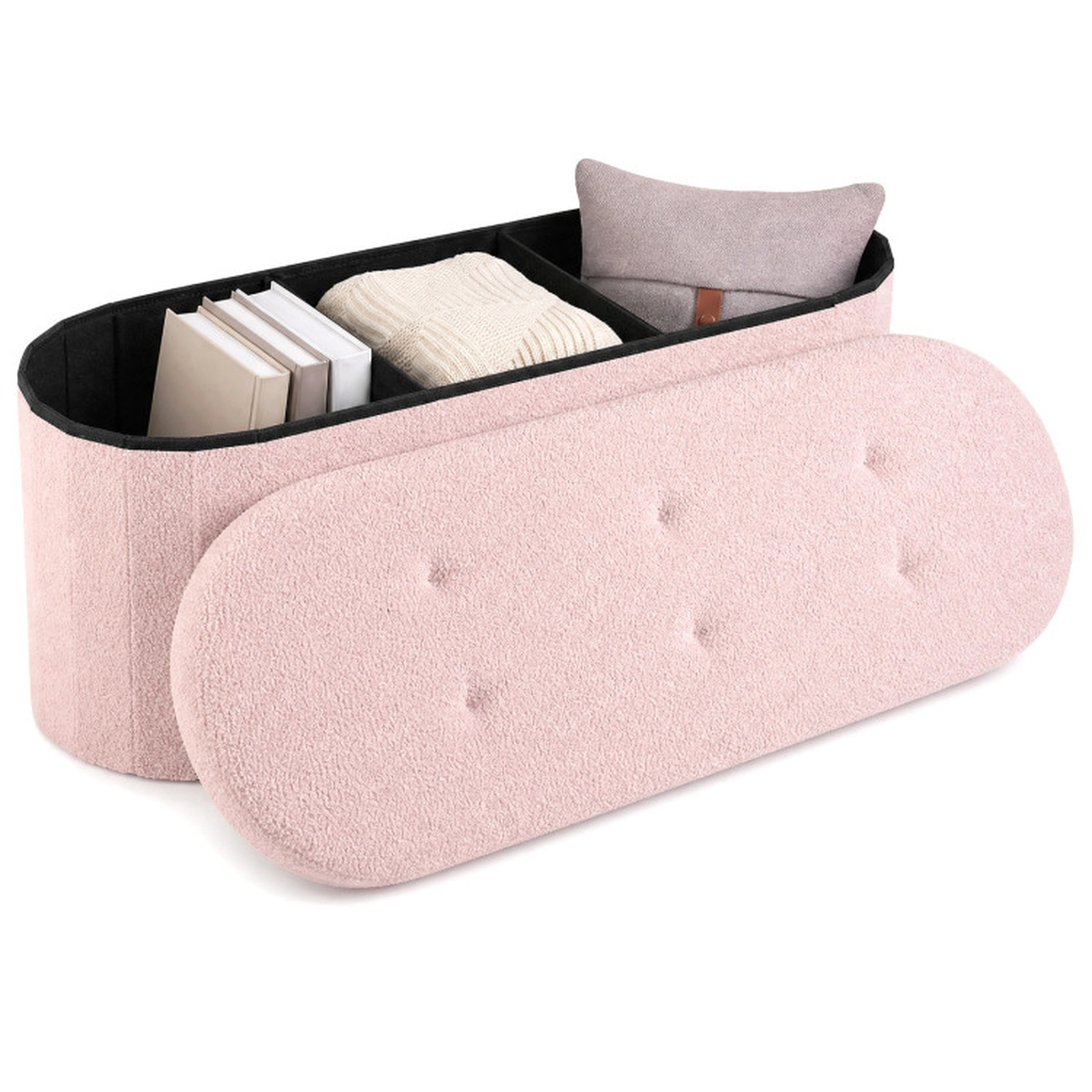 SUGIFT 43-in 330-lb Capacity Pink Folding Teddy Fleece Storage Ottoman Bench with 3 Compartments