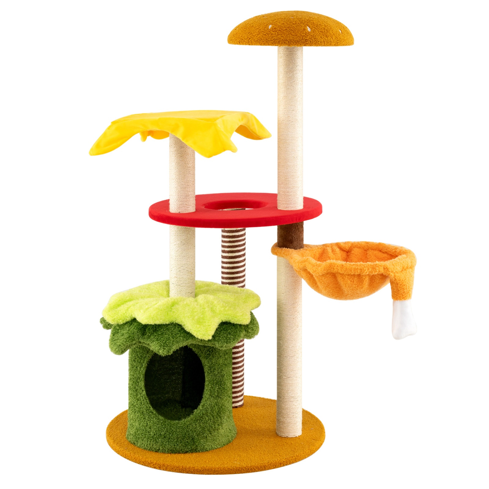 SUGIFT Yellow 46 in Hamburger Cat Tree with Hanging Basket Bed and Padded Perch