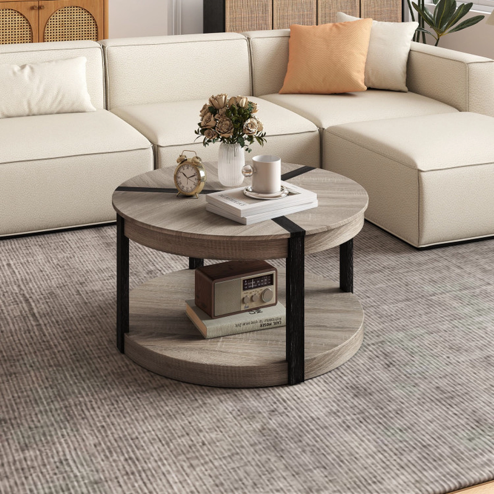 SUGIFT 34.5-in Round 220-lb Capacity Gray Mid-Century Rubber Wood 2-Tier Coffee Table with Lower Shelf