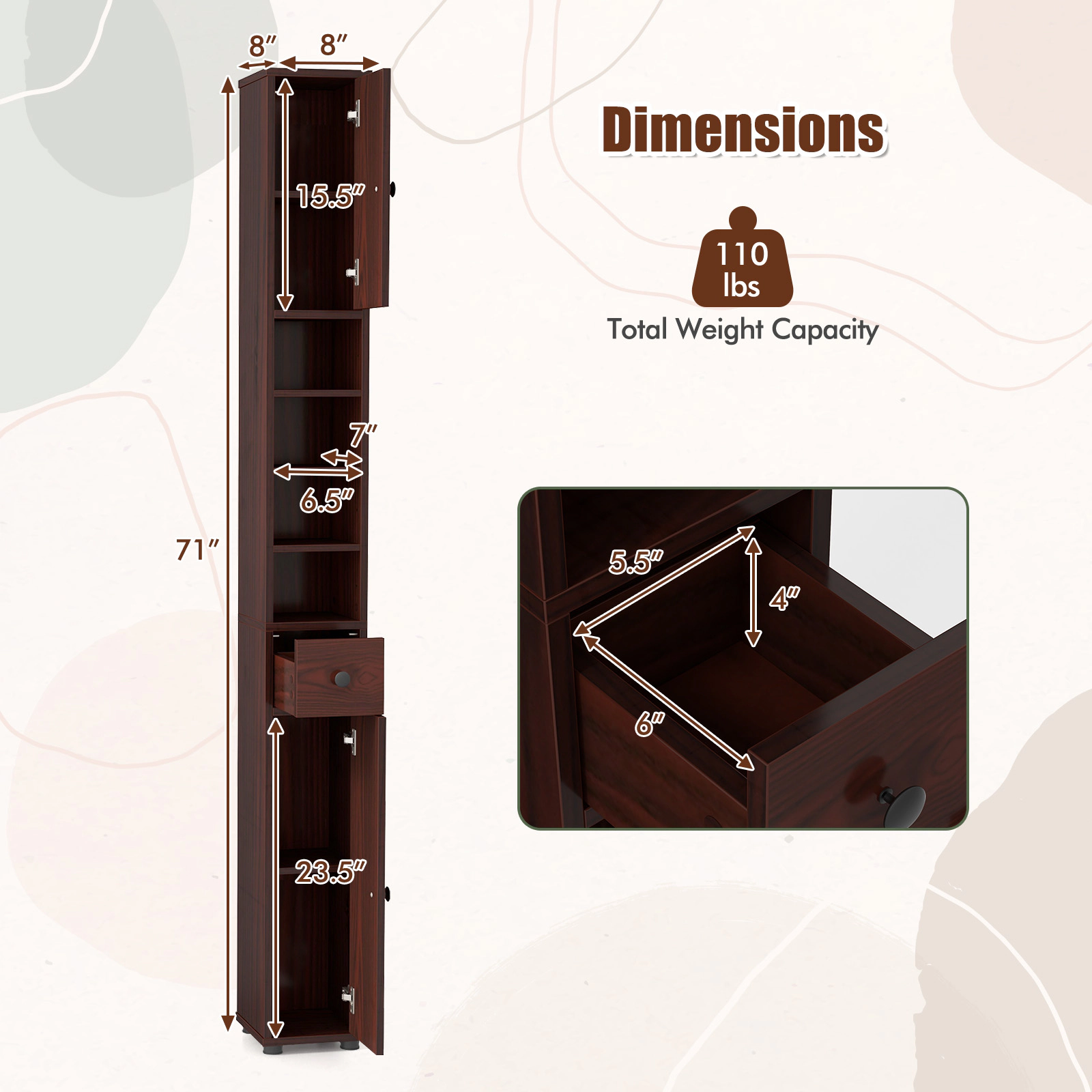 SUGIFT Brown 110-lb Capacity 8-in Slim Freestanding Bathroom Storage Cabinet with Drawer and 5 Adjustable Shelves