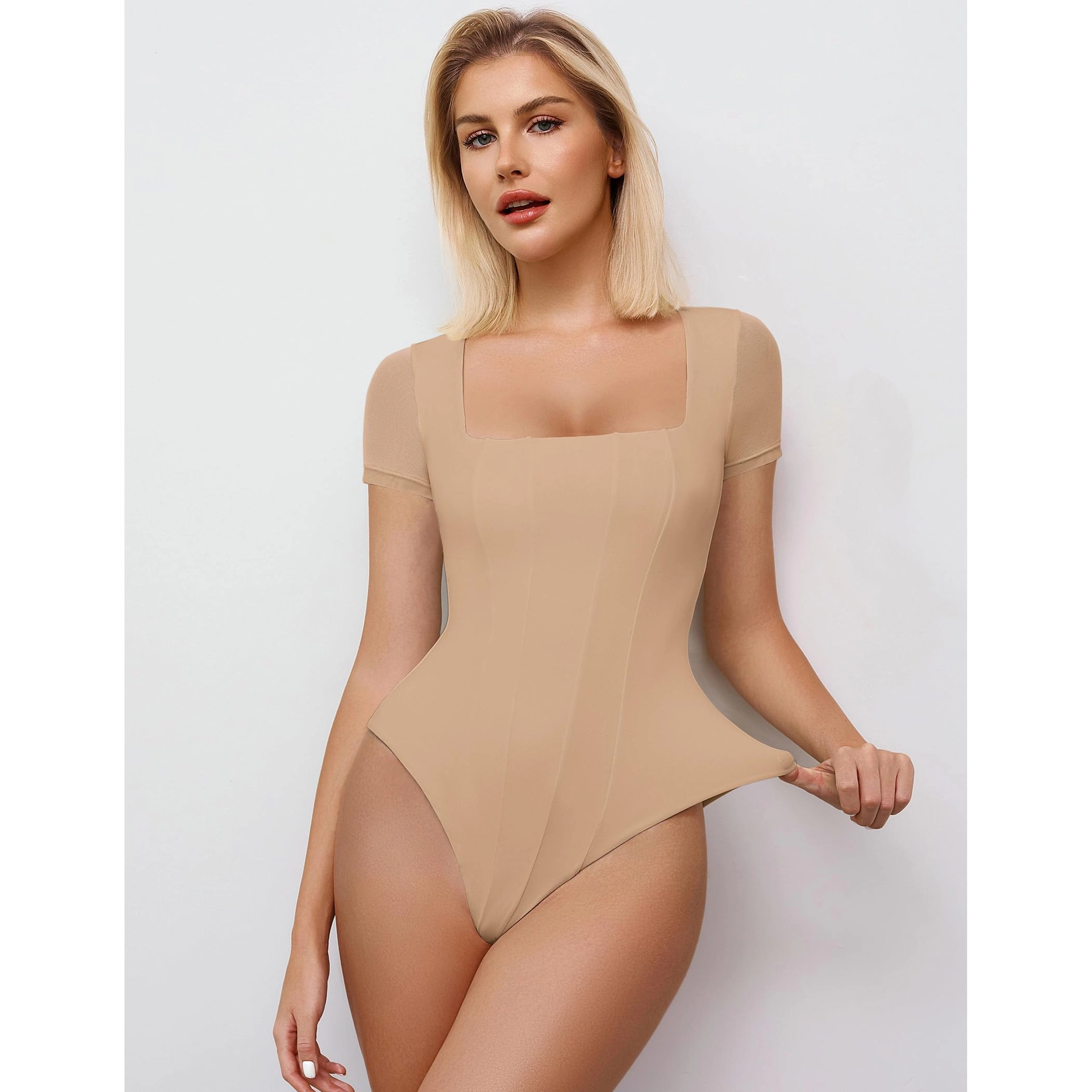Avidlove Women's Short Sleeve Square Neck Mesh Double Lined Bodysuit Leotard