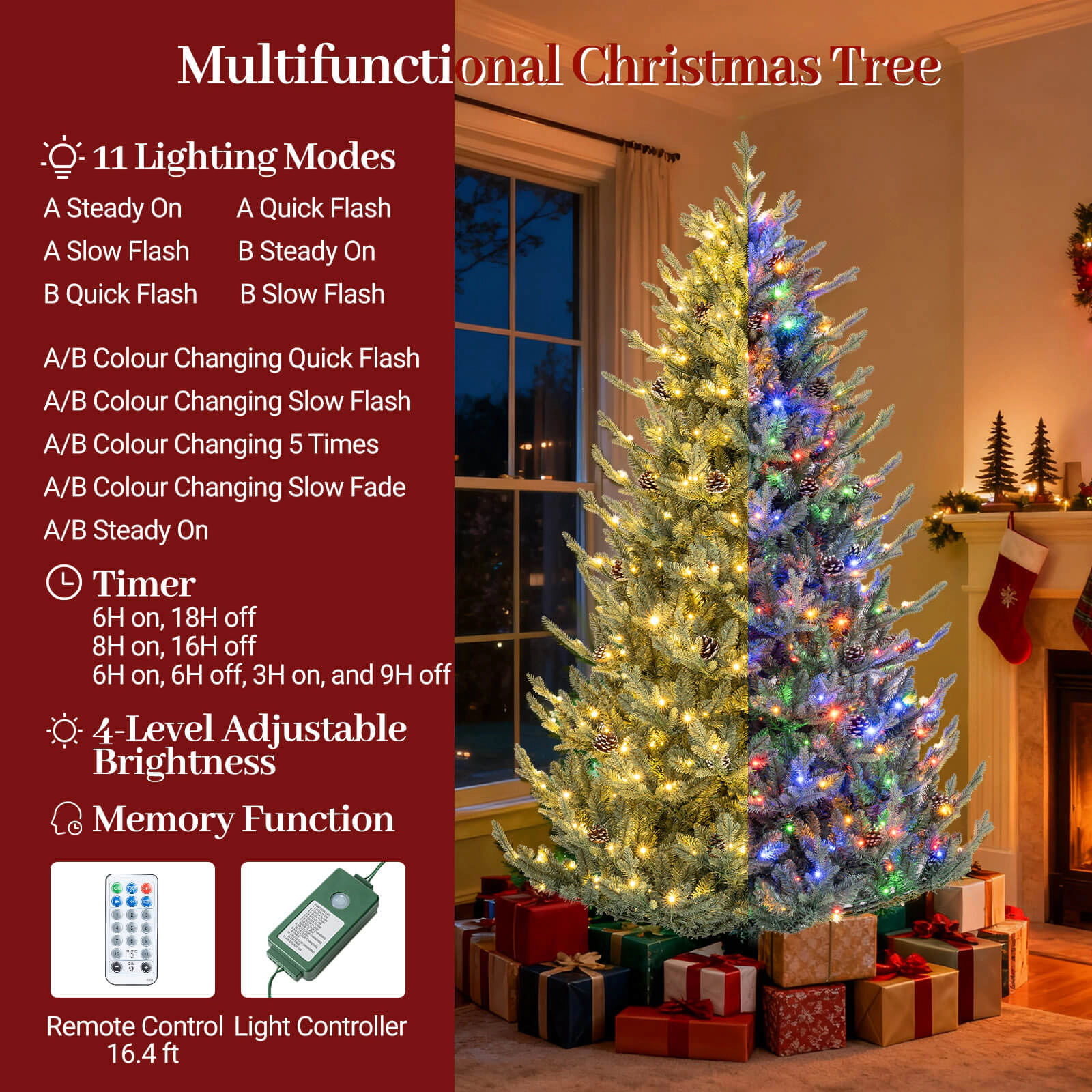 Costway 7.5 FT Artificial Christmas Tree with 1306 Branch Tips 500 LED Lights 48 Pine Cones