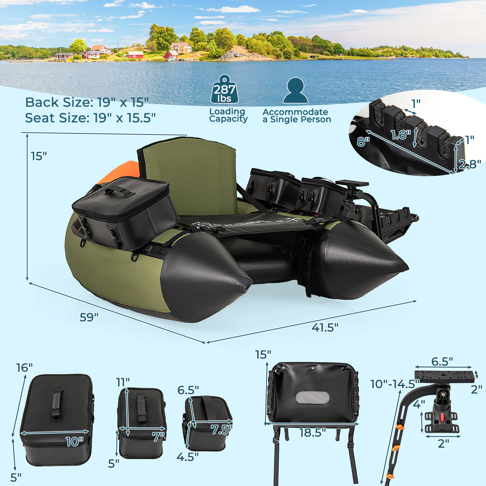 SUGIFT Portable Inflatable Fishing Boat Water Toy with 3 Detachable Storage Boxes 287-lb Capacity Camouflage Green