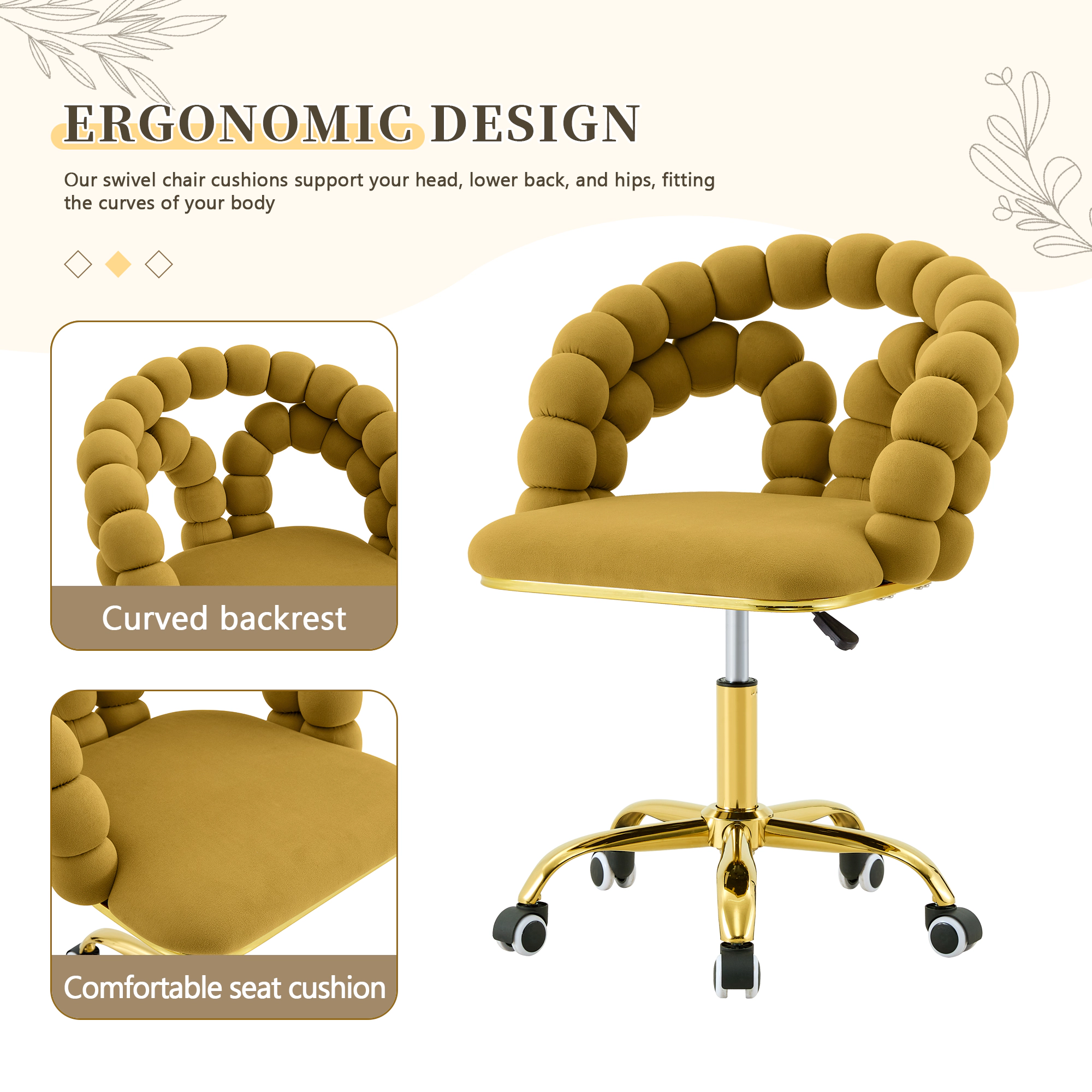 Platinum-Level Office Chairs Mustard Yellow Velvet Bubble Back Swivel Vanity Chair with Gold Base